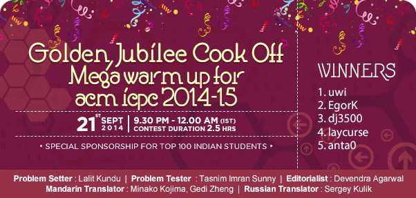 September Cook Off 14 Acm Icpc Warm Up Coding Competition Codechef