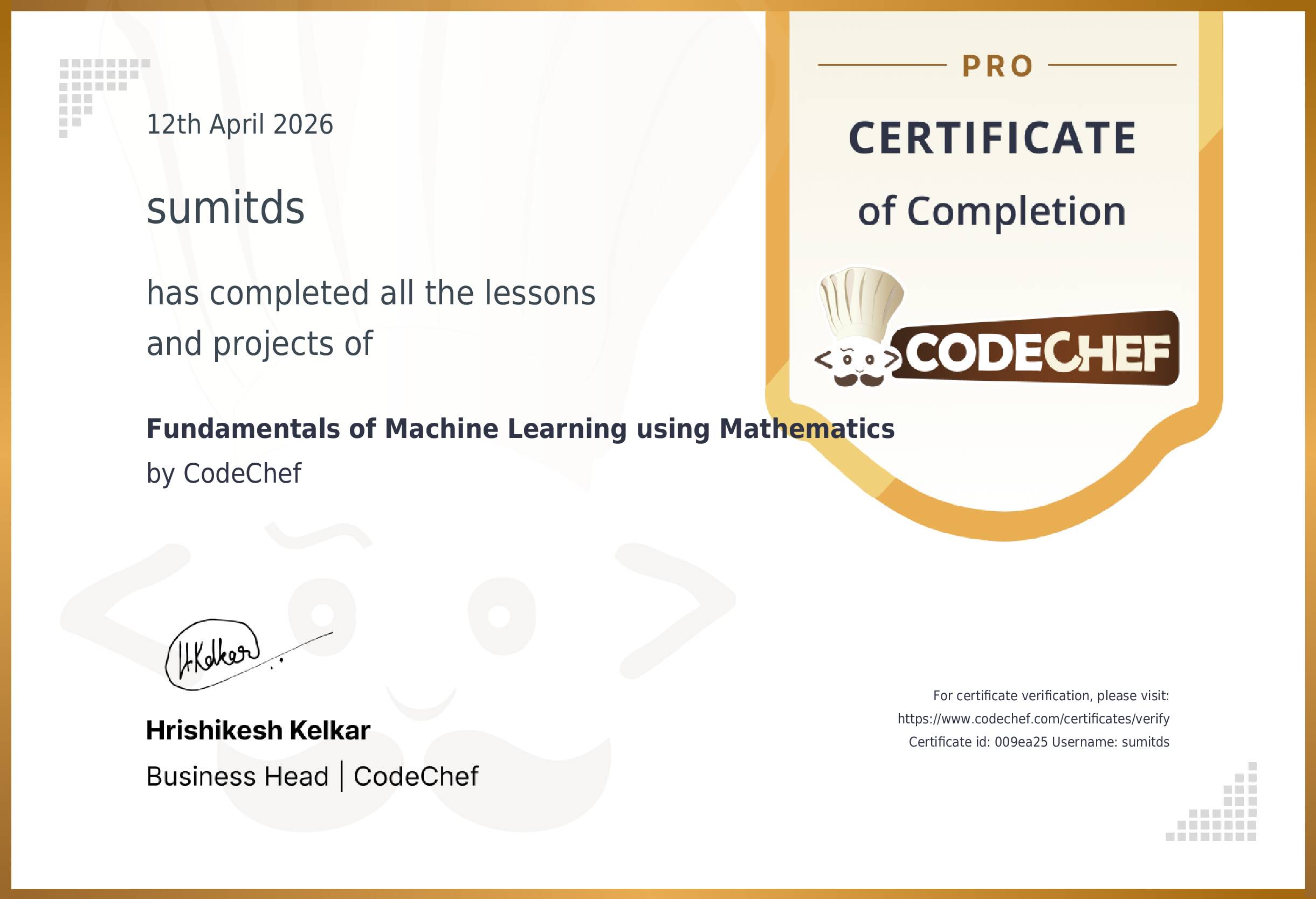 Awarded to sumitds for completing <a href='/learn/course/polaris-foml2'>Fundamentals of Machine Learning using Mathematics</a>