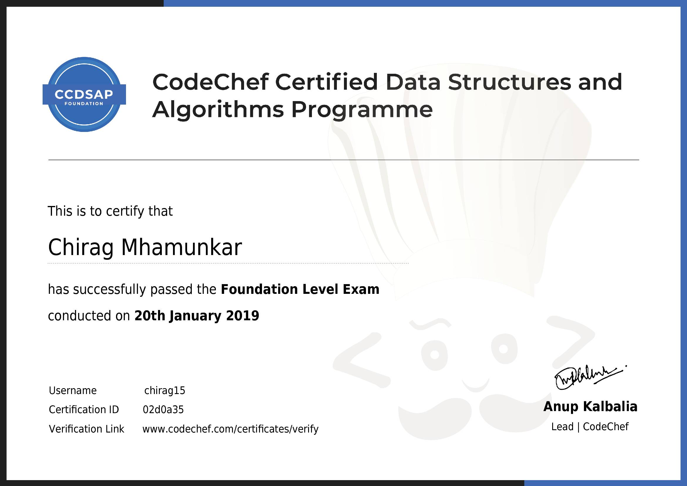 Awarded to Chirag Mhamunkar