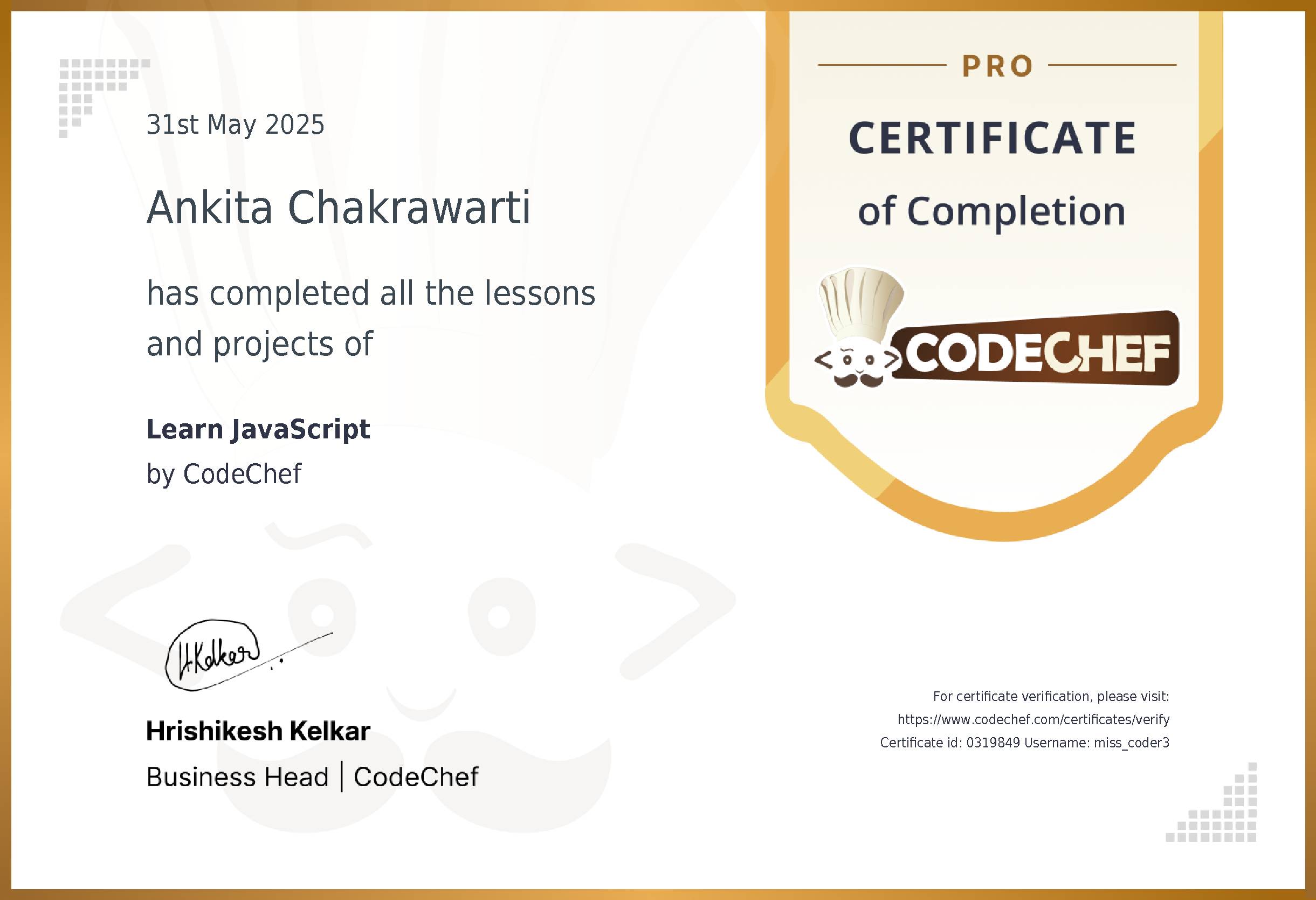 Awarded to Ankita Chakrawarti for completing <a href='/learn/course/javascript'>Learn JavaScript</a>