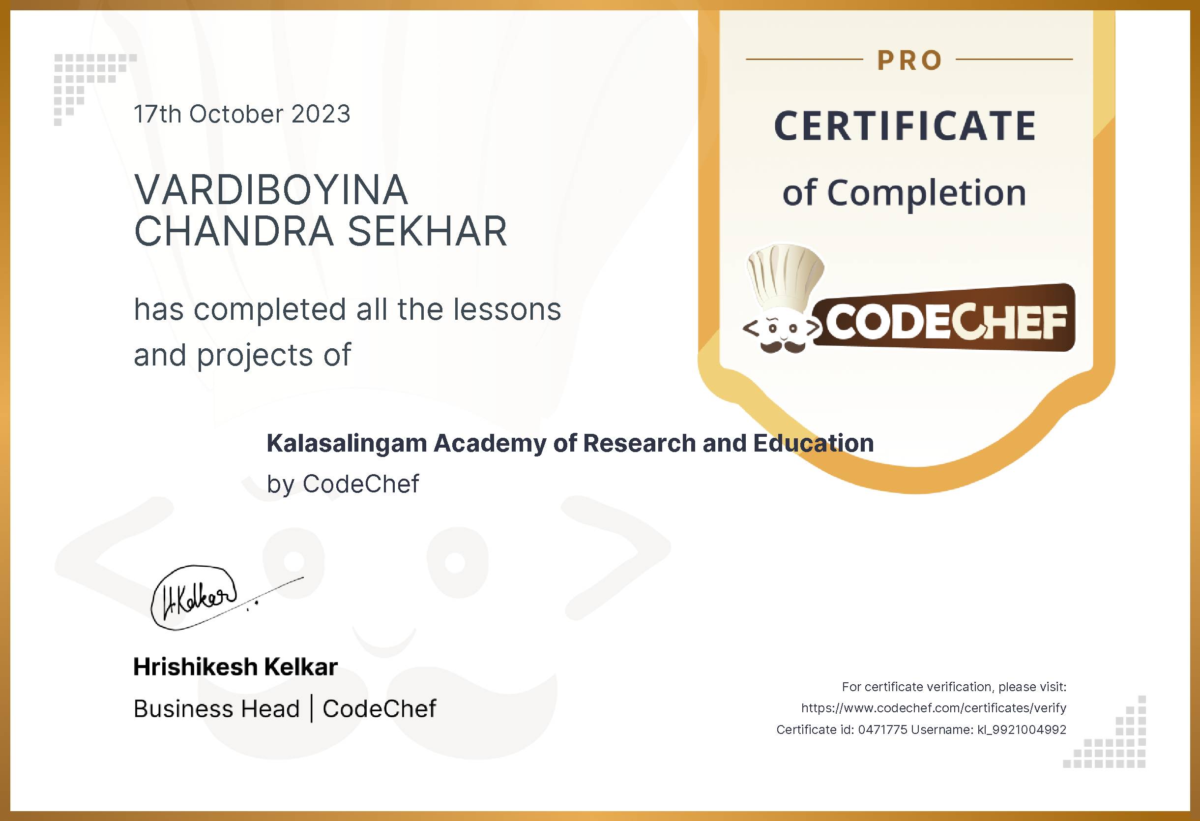Awarded to VARDIBOYINA CHANDRA SEKHAR for completing <a href='/learn/course/kldaa'>Kalasalingam Academy of Research and Education - Pro</a>