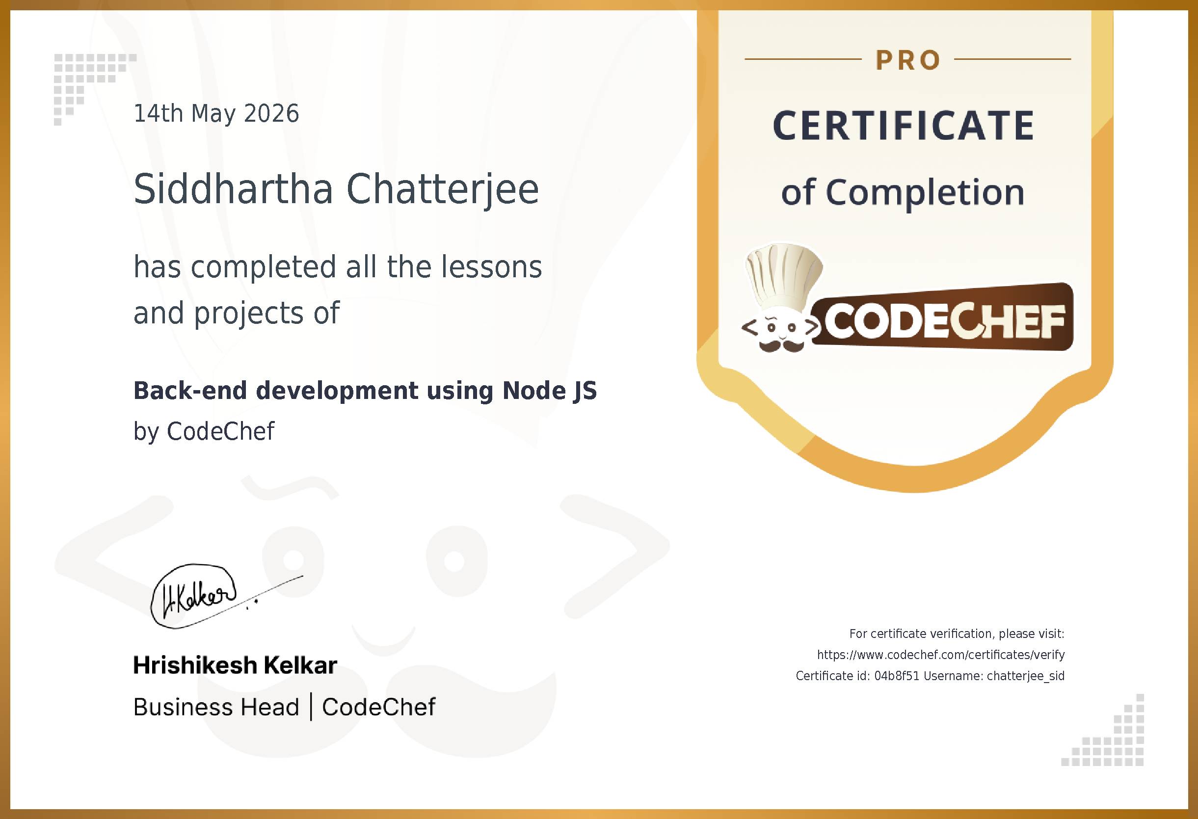 Awarded to Siddhartha Chatterjee  for completing <a href='/learn/course/nodejs'>Back-end development using Node JS</a>
