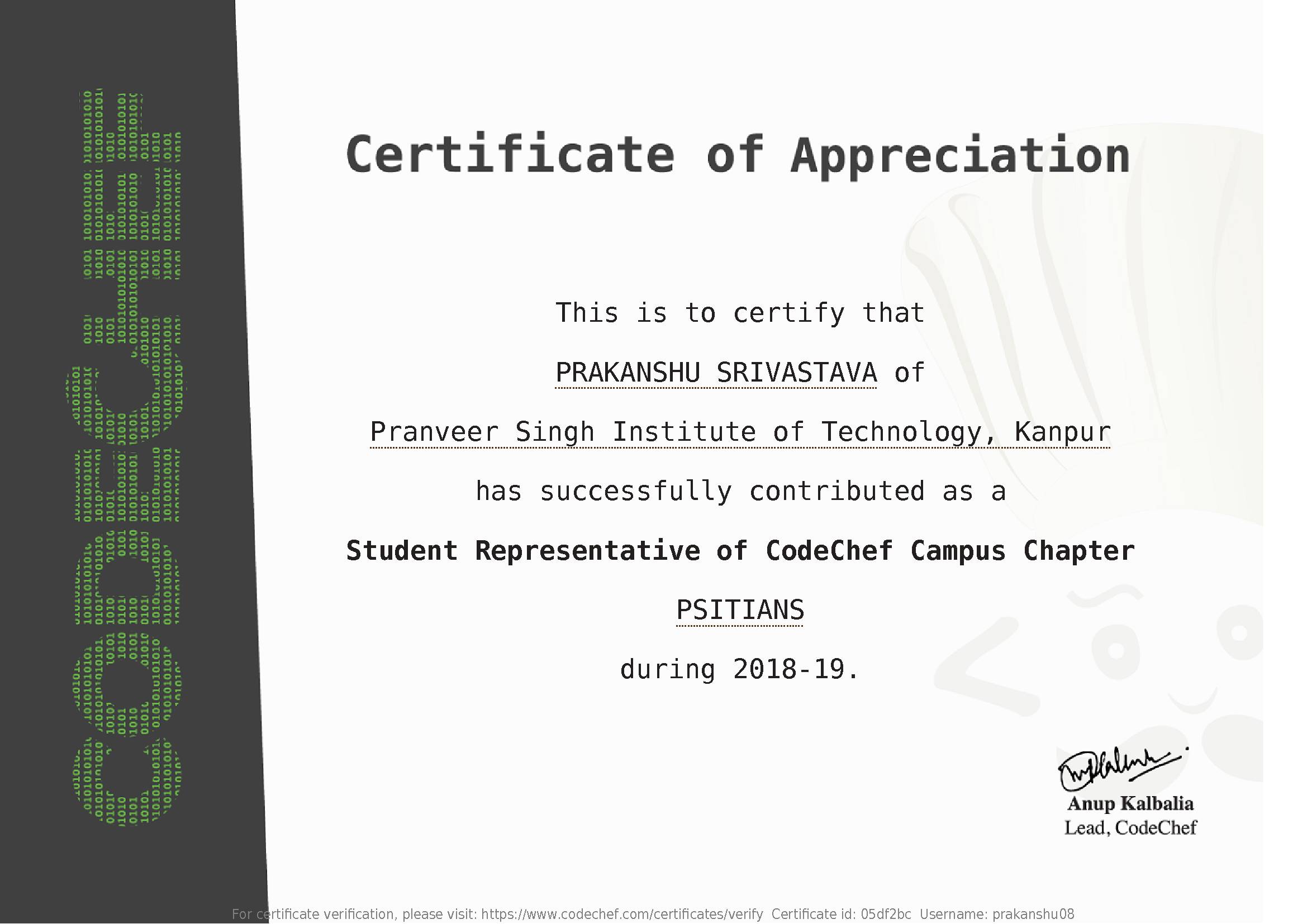 Awarded to PRAKANSHU SRIVASTAVA