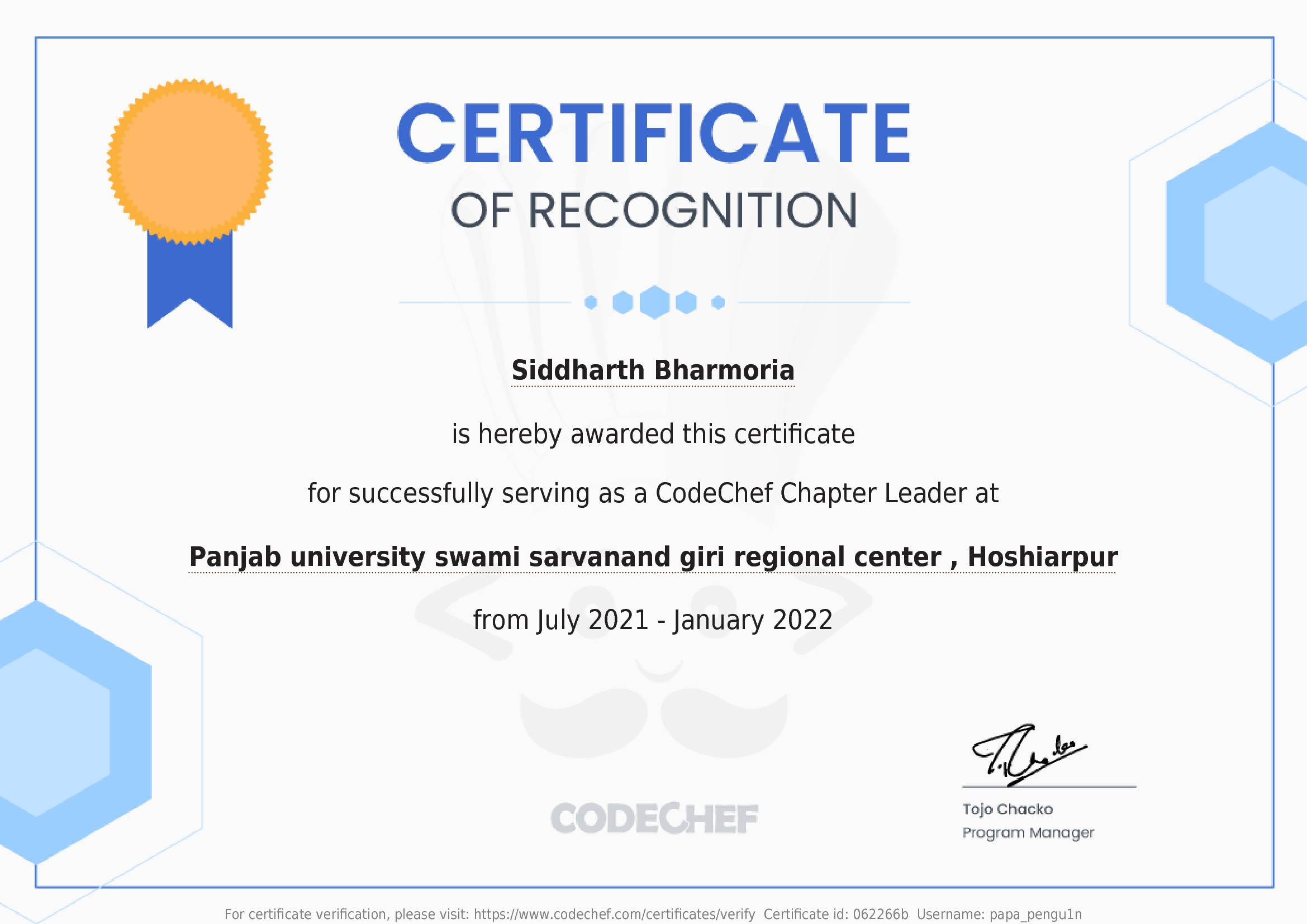 Awarded to Siddharth Bharmoria