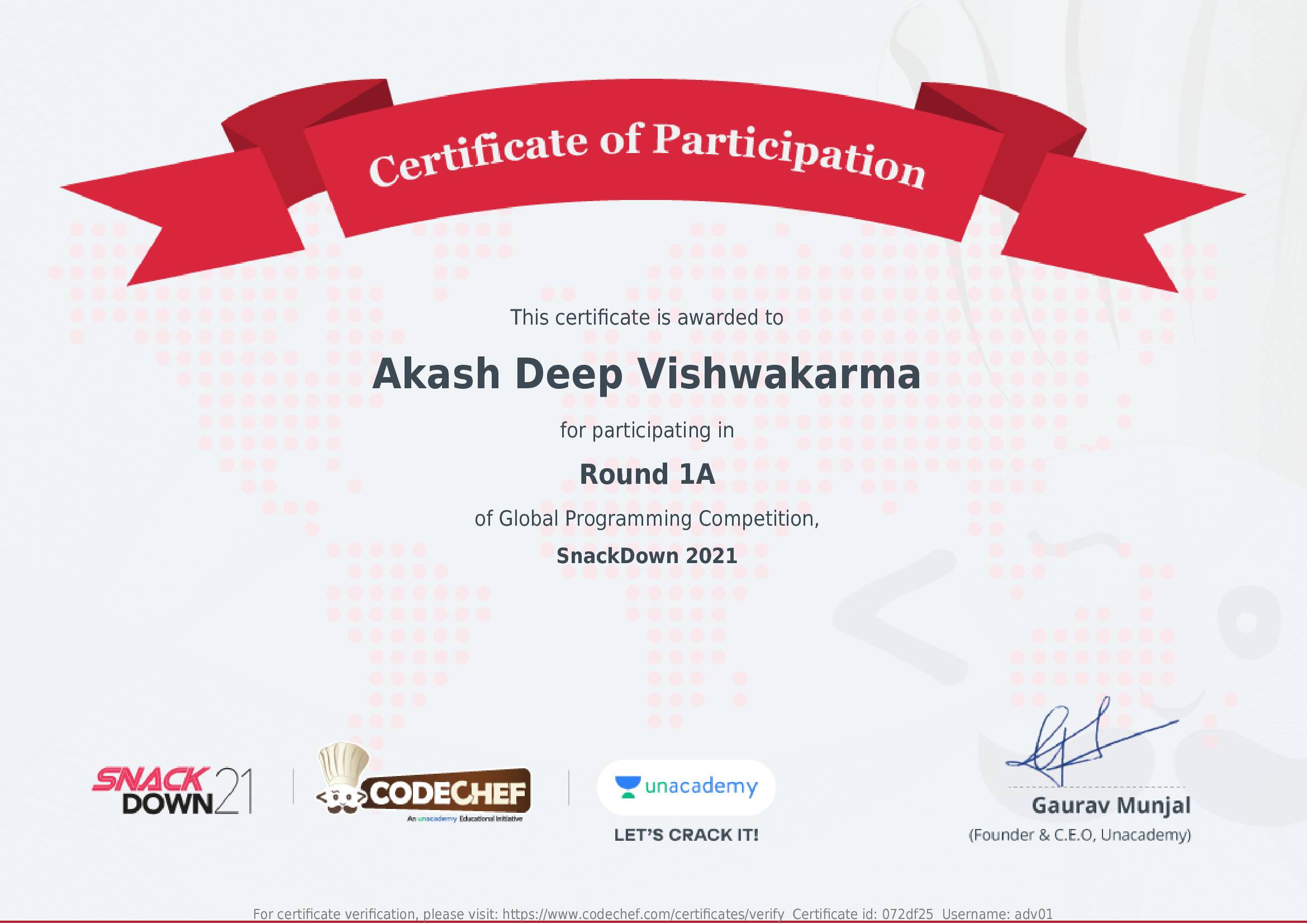 Awarded to AKASH DEEP VISHWAKARMA