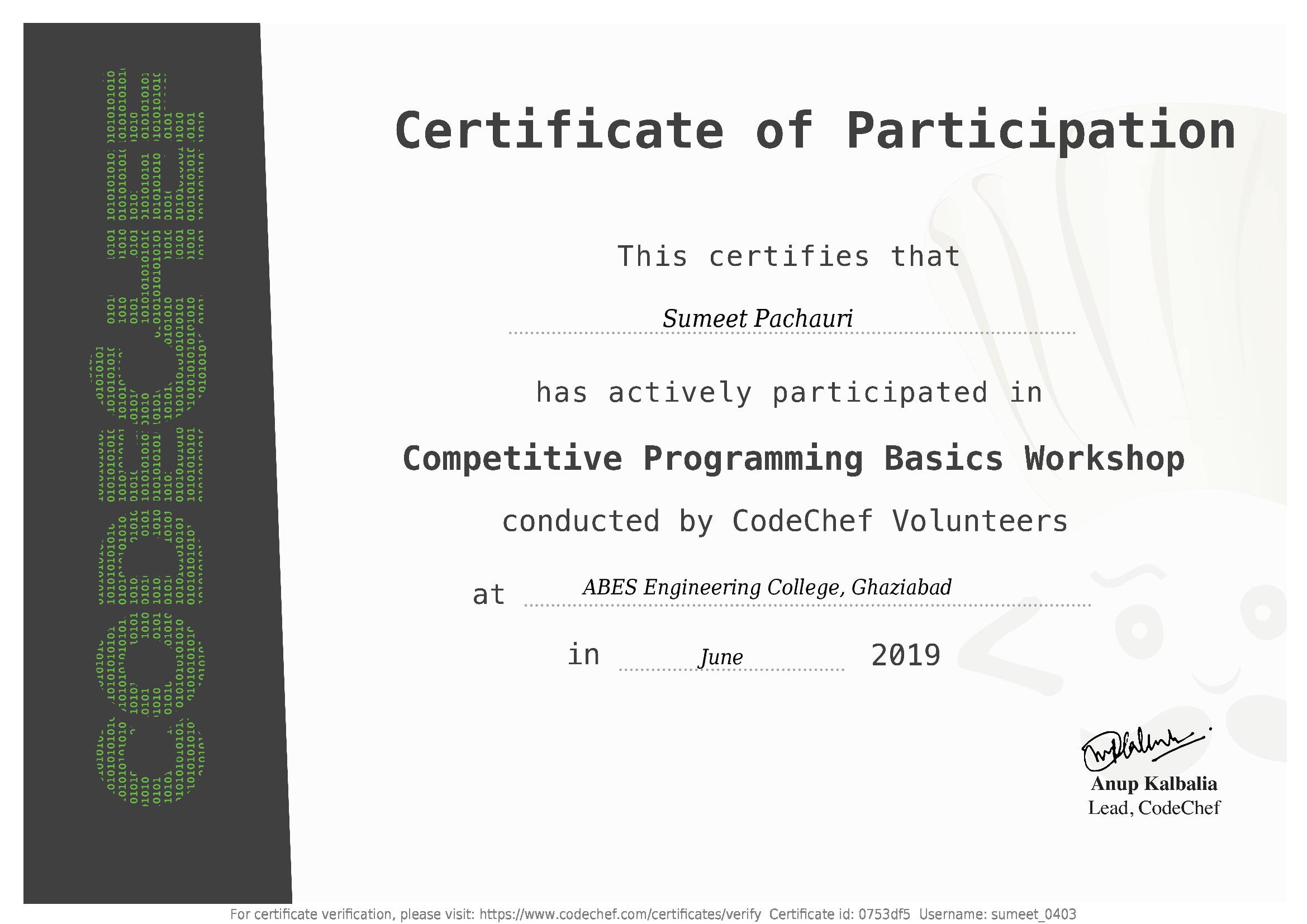 Awarded to Sumeet Pachauri