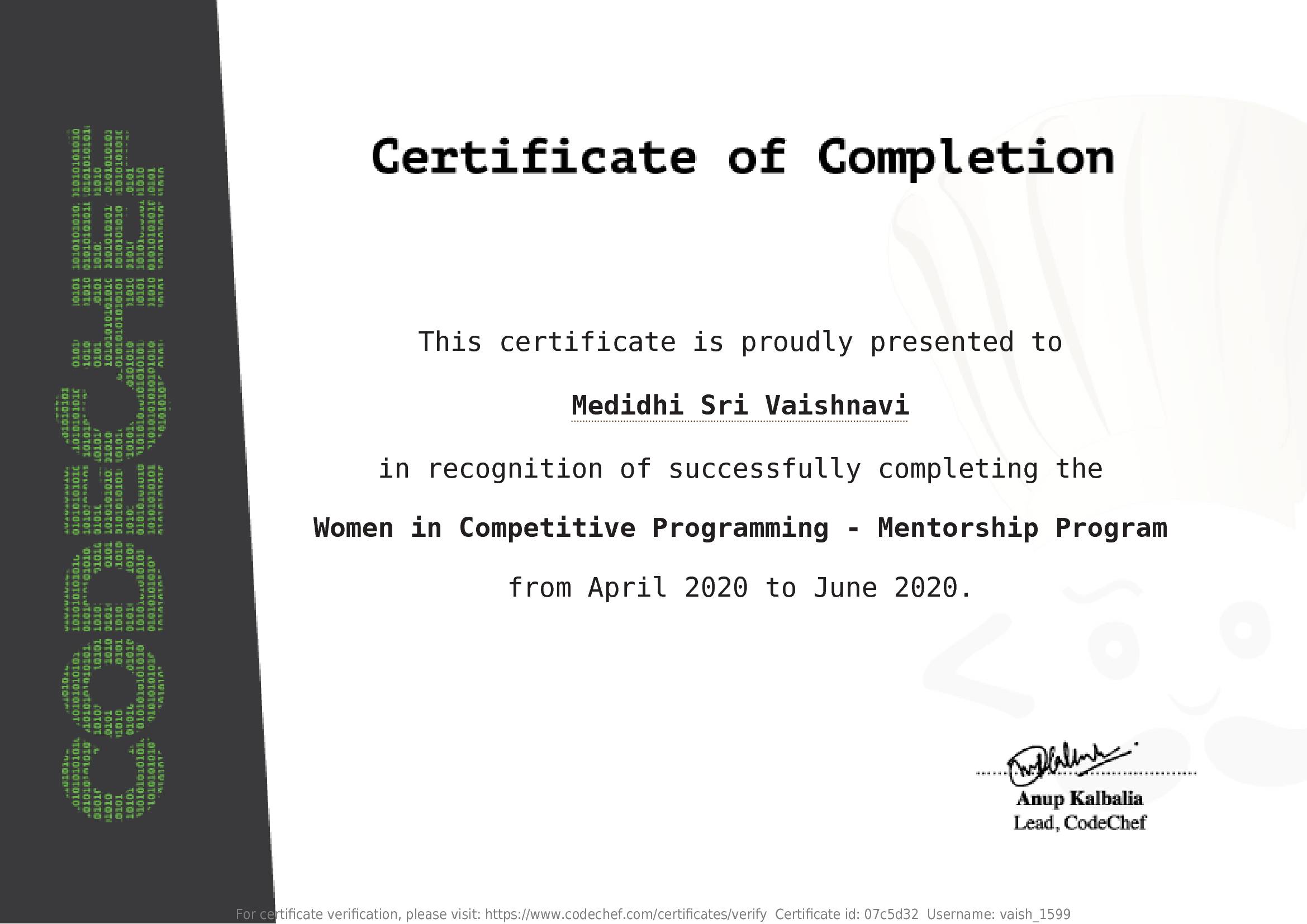 Awarded to Medidhi Sri Vaishnavi