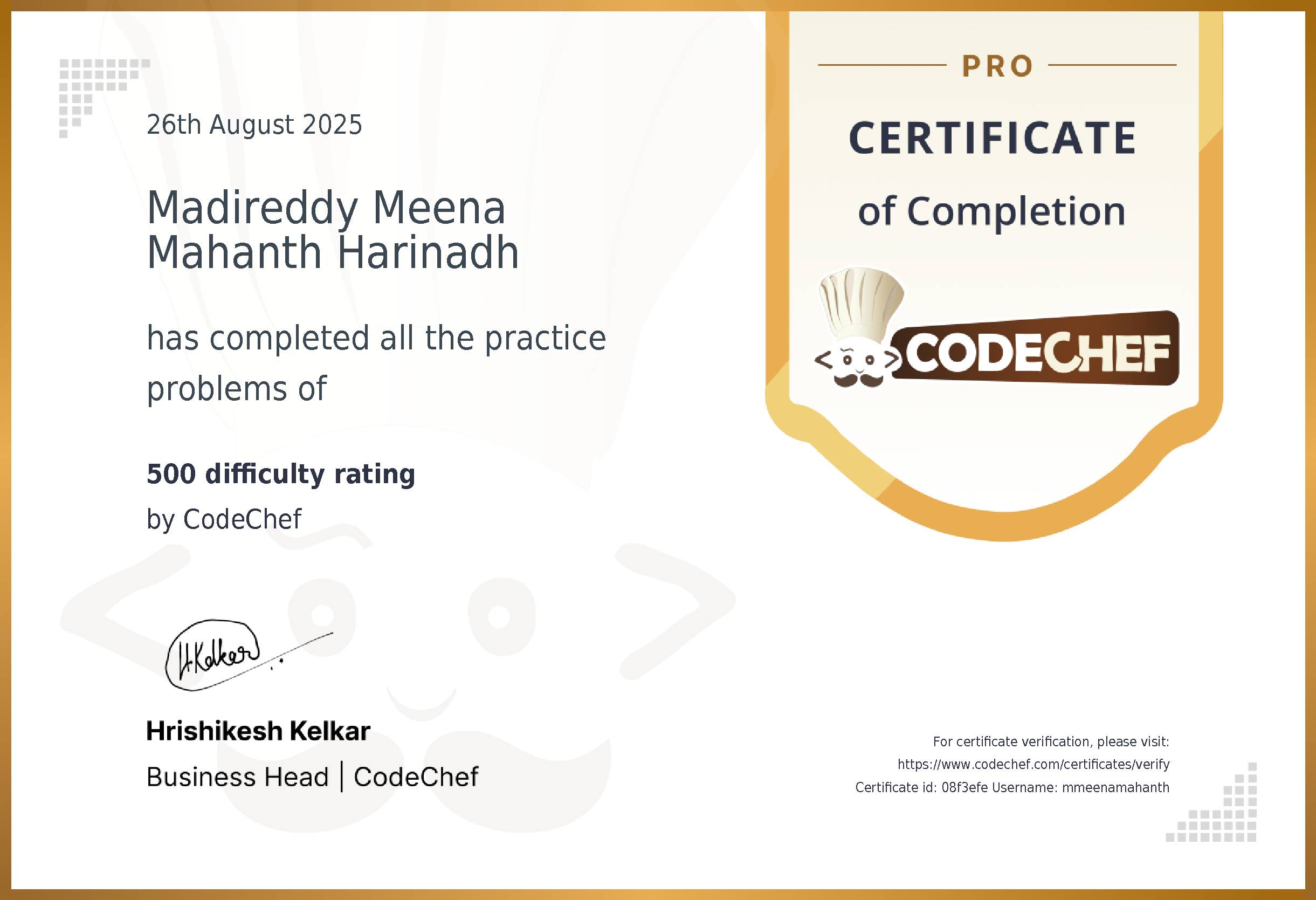 Awarded to Madireddy Meena Mahanth Harinadh for completing <a href='/practice/basic-programming-concepts'>500 difficulty rating</a>