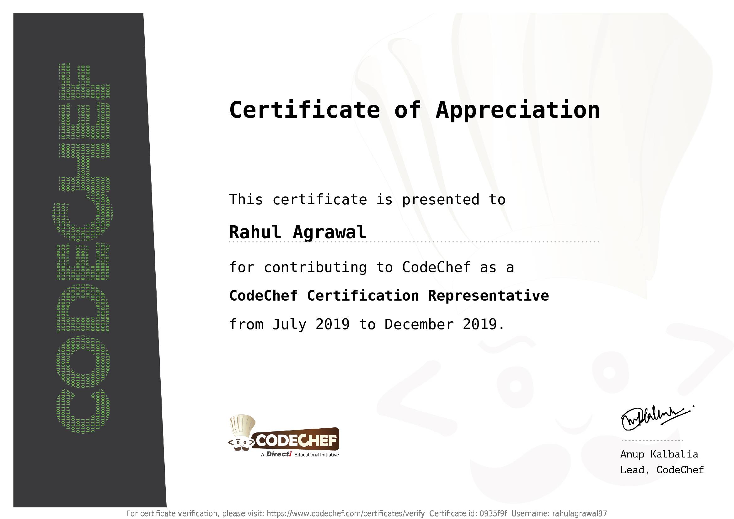 Awarded to Rahul Agrawal