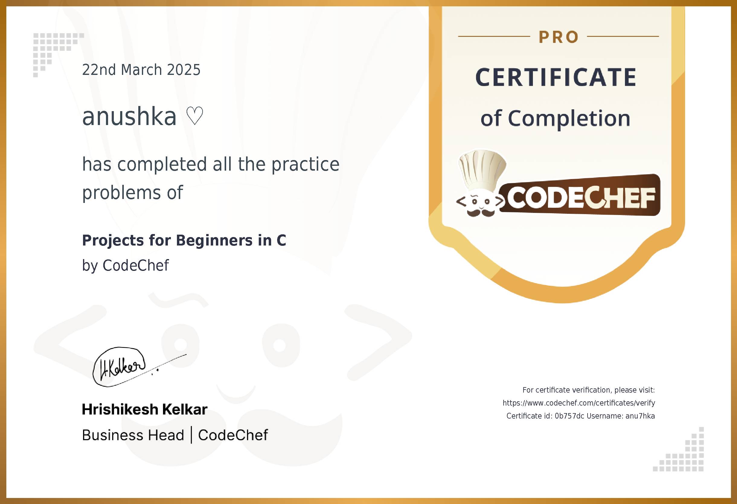 Awarded to anushka ? for completing <a href='/practice/projects-c'>Projects for Beginners in C</a>