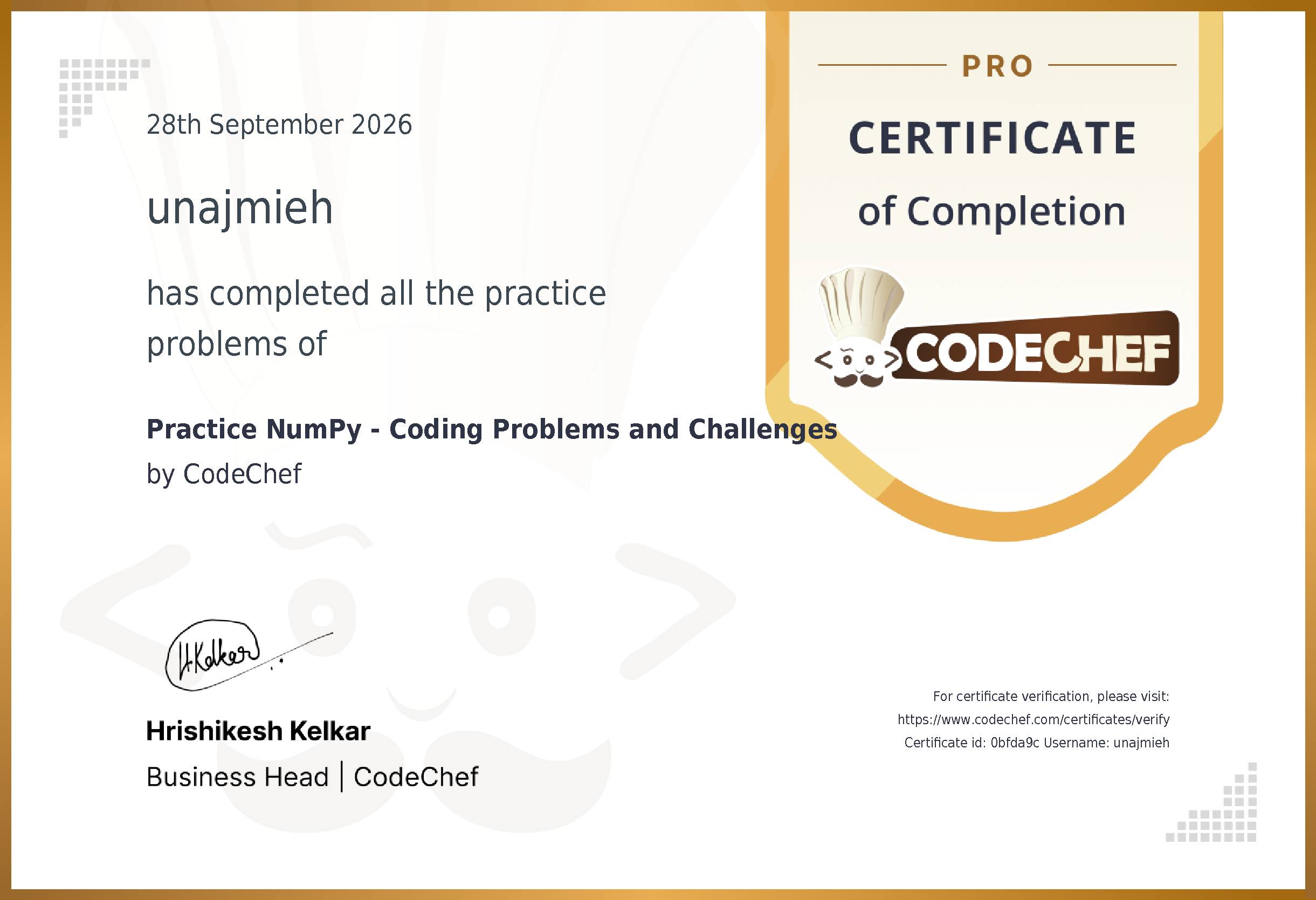 Awarded to unajmieh for completing <a href='/practice/numpy'>Practice NumPy - Coding Problems and Challenges</a>