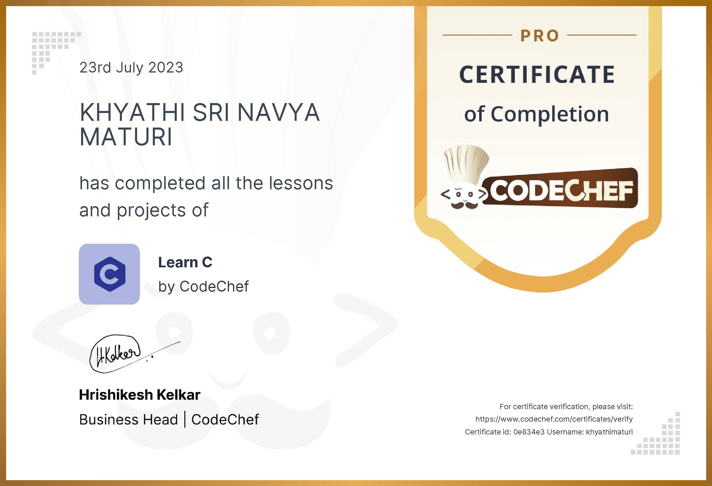 Awarded to KHYATHI SRI NAVYA MATURI for completing <a href='/learn/course/c-old-old'>Learn C - Pro</a>