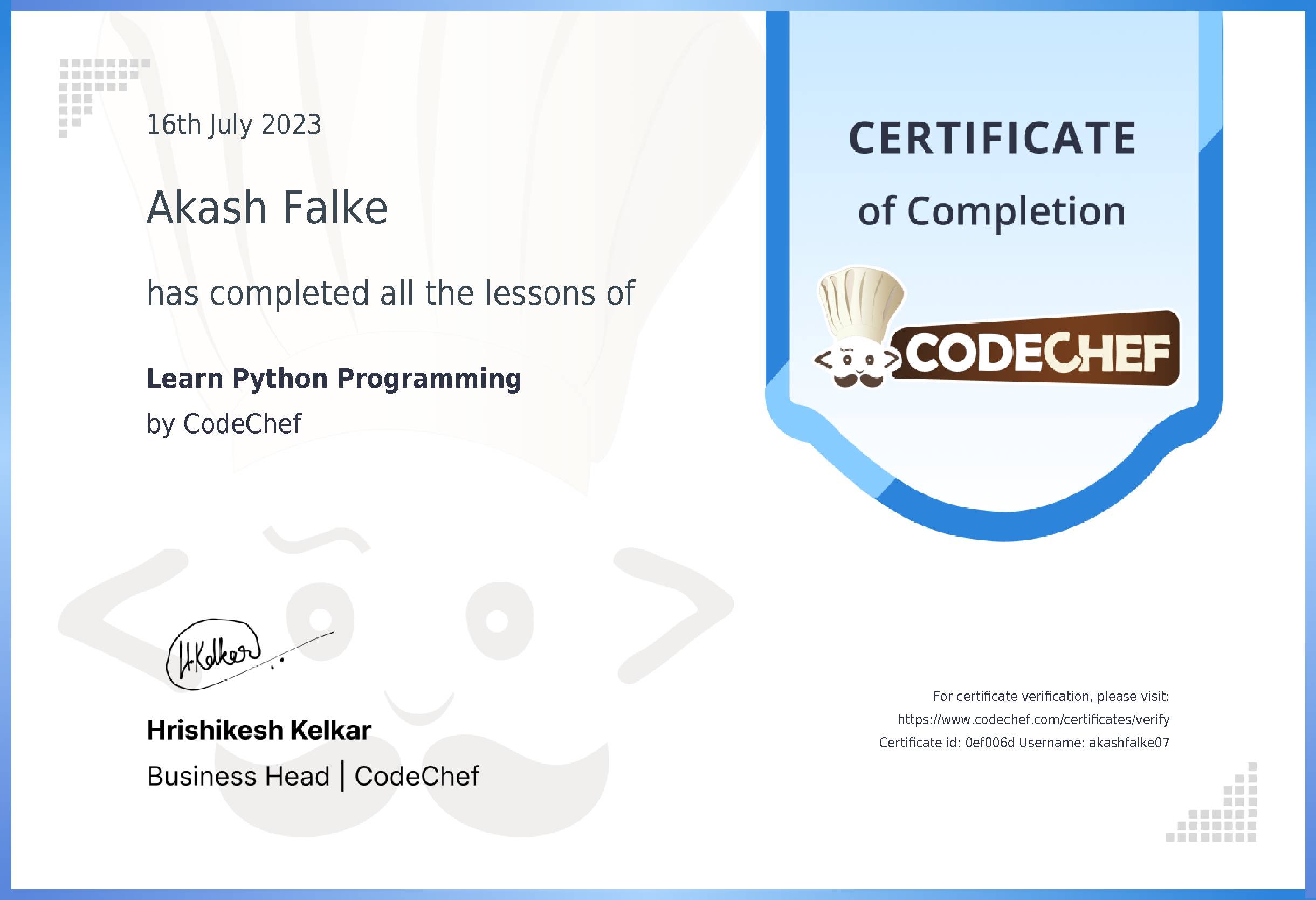Awarded to Akash Falke for completing <a href='/learn/course/python'>Learn Python</a>