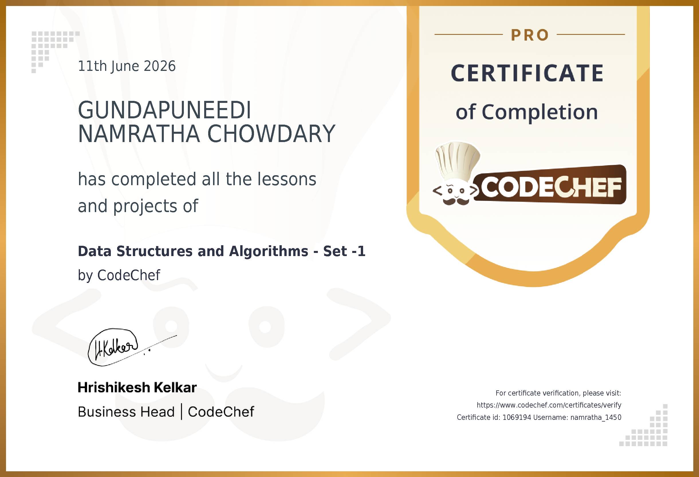 Awarded to GUNDAPUNEEDI NAMRATHA CHOWDARY for completing <a href='/learn/course/raghu-set-1-dsa'>Data Structures and Algorithms - Set -1</a>