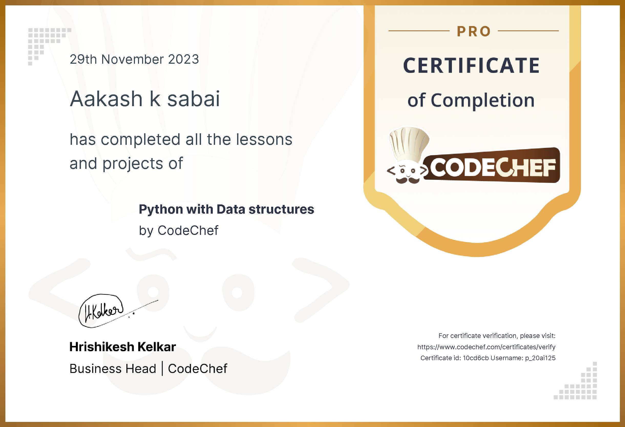 Awarded to Aakash k sabai for completing <a href='/learn/course/panimalar-python-dsa'>Python with Data structures</a>