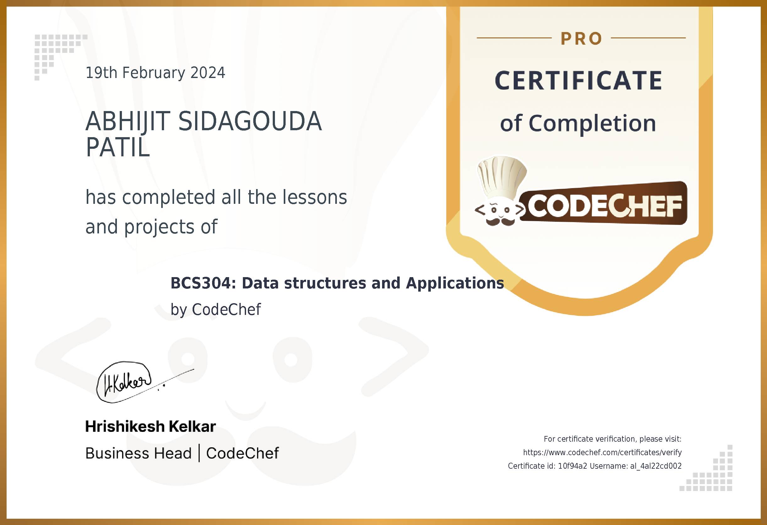 Awarded to ABHIJIT SIDAGOUDA PATIL for completing <a href='/learn/course/alvas-data-structures-c'>BCS304: Data structures and Applications</a>