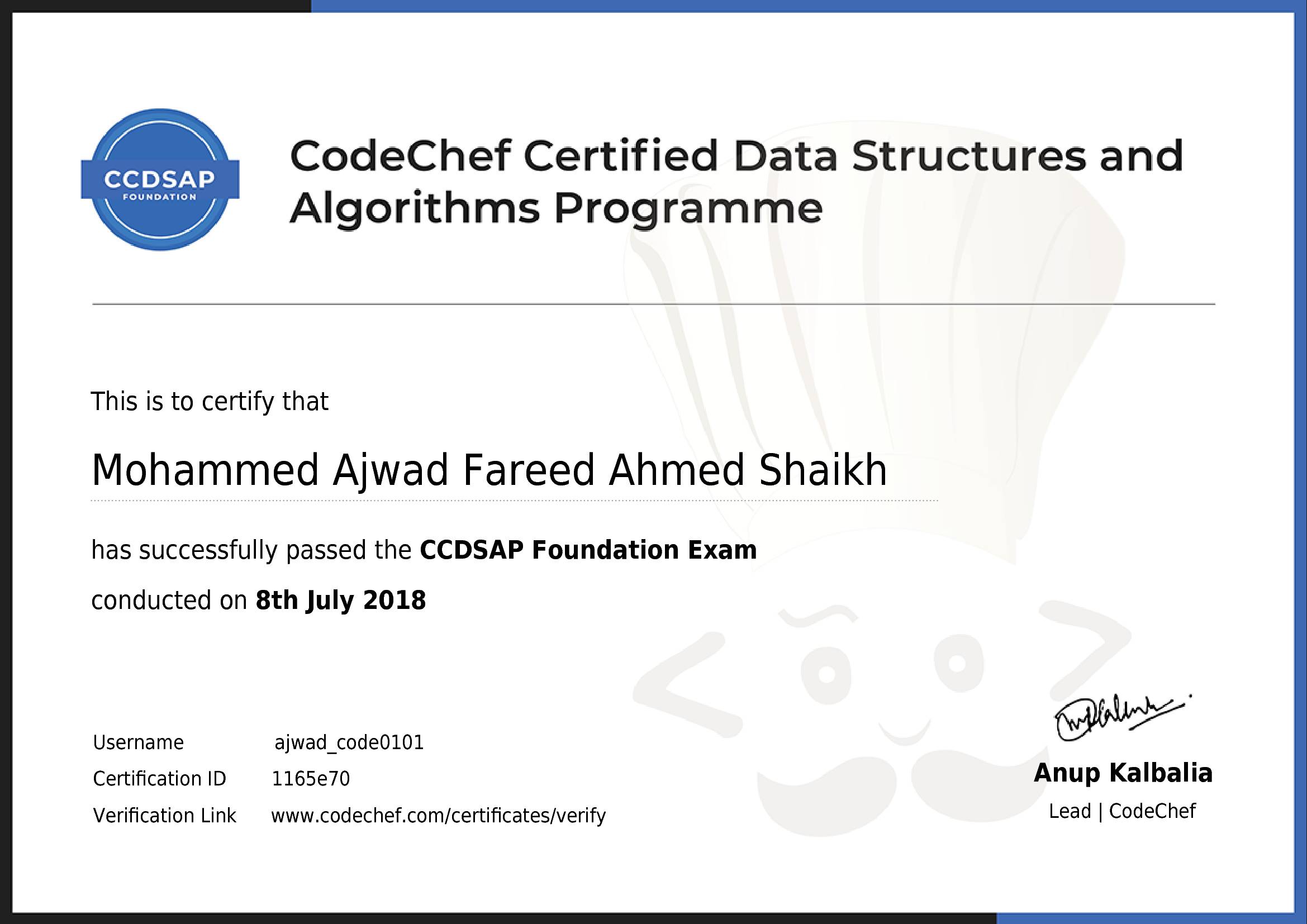 Awarded to Mohammed Ajwad Fareed Ahmed Shaikh