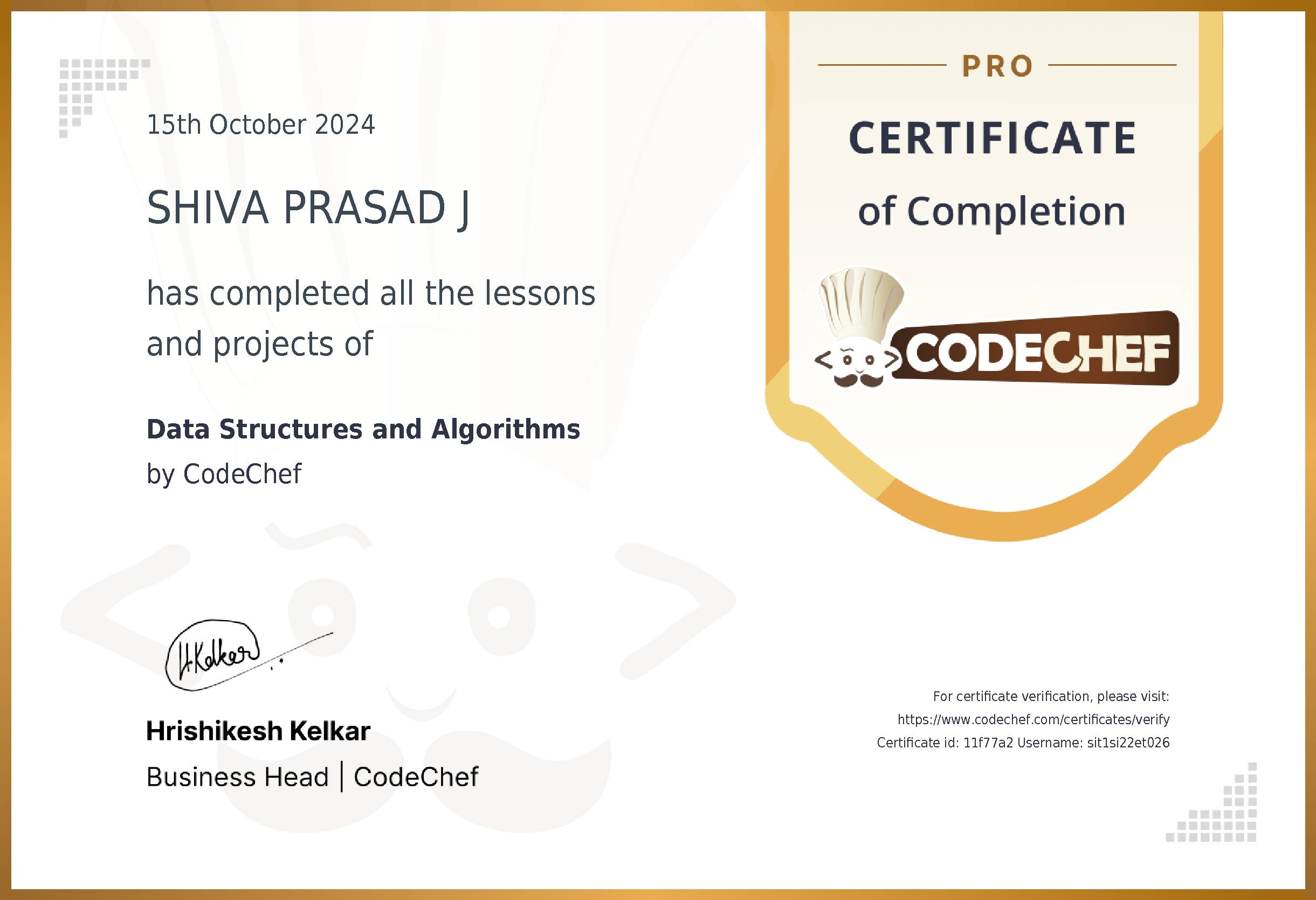 Awarded to SHIVA PRASAD J for completing <a href='/learn/course/dsa-detailed'>Data Structures and Algorithms</a>