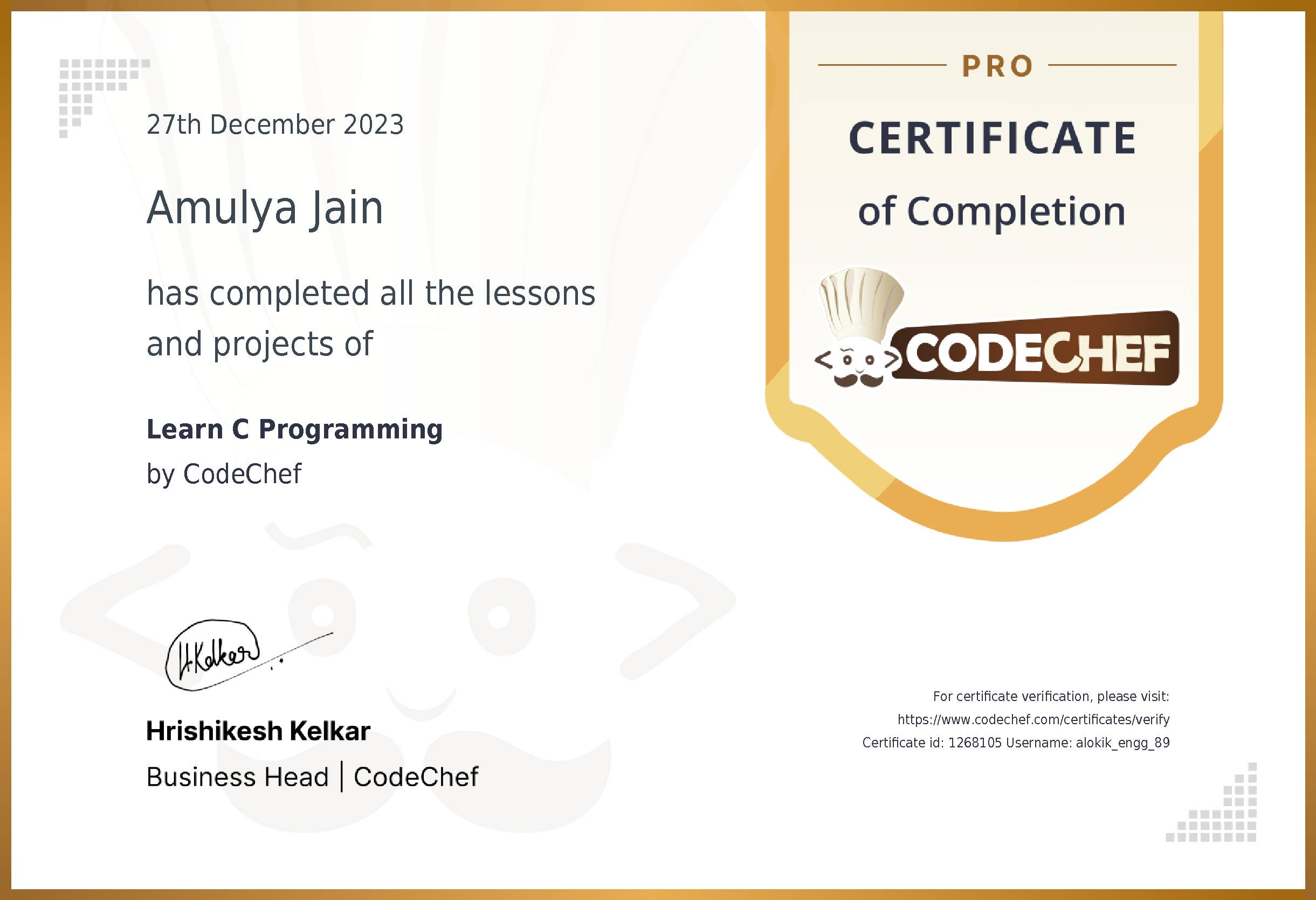 Awarded to Amulya Jain for completing <a href='/learn/course/c-previous'>Learn C</a>