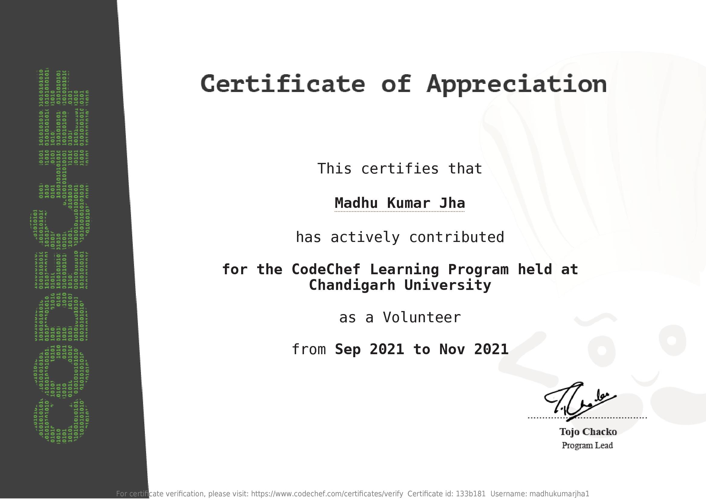 Awarded to Madhu Kumar Jha