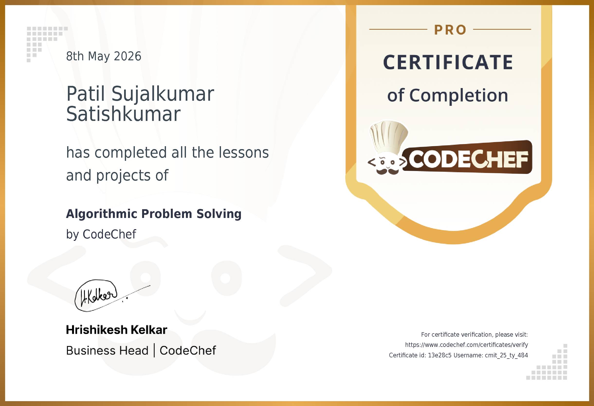 Awarded to Patil Sujalkumar Satishkumar for completing <a href='/learn/course/mitwpu-problem-solving-2026'>Algorithmic Problem Solving</a>