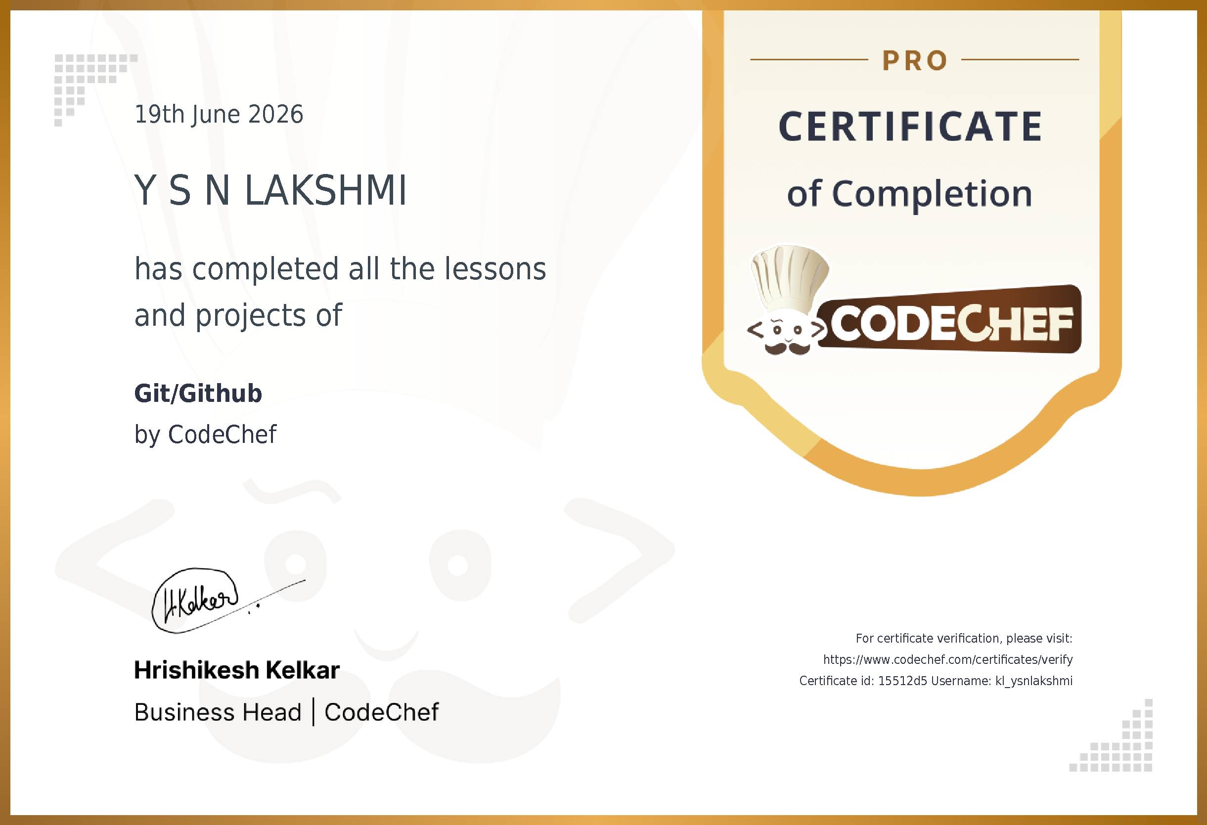 Awarded to Y S N LAKSHMI for completing <a href='/learn/course/git-github'>Git/Github</a>