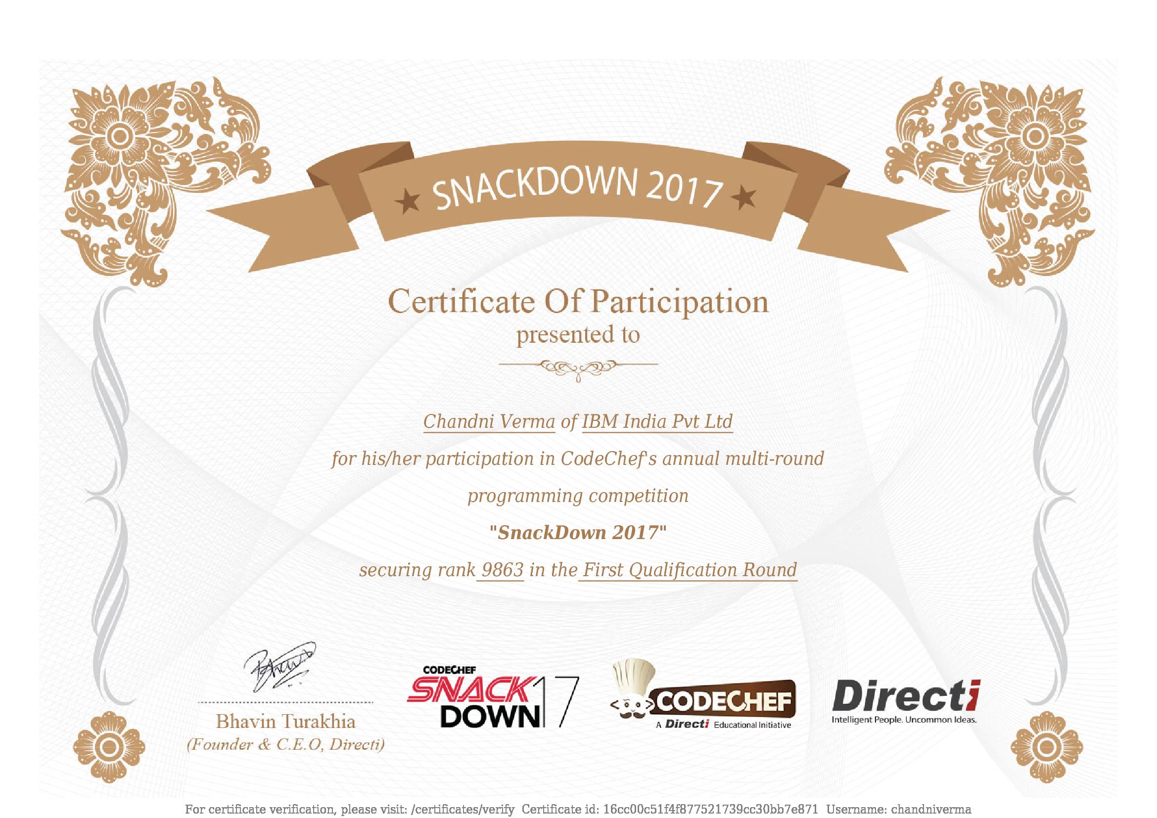 Awarded to Chandni Verma
