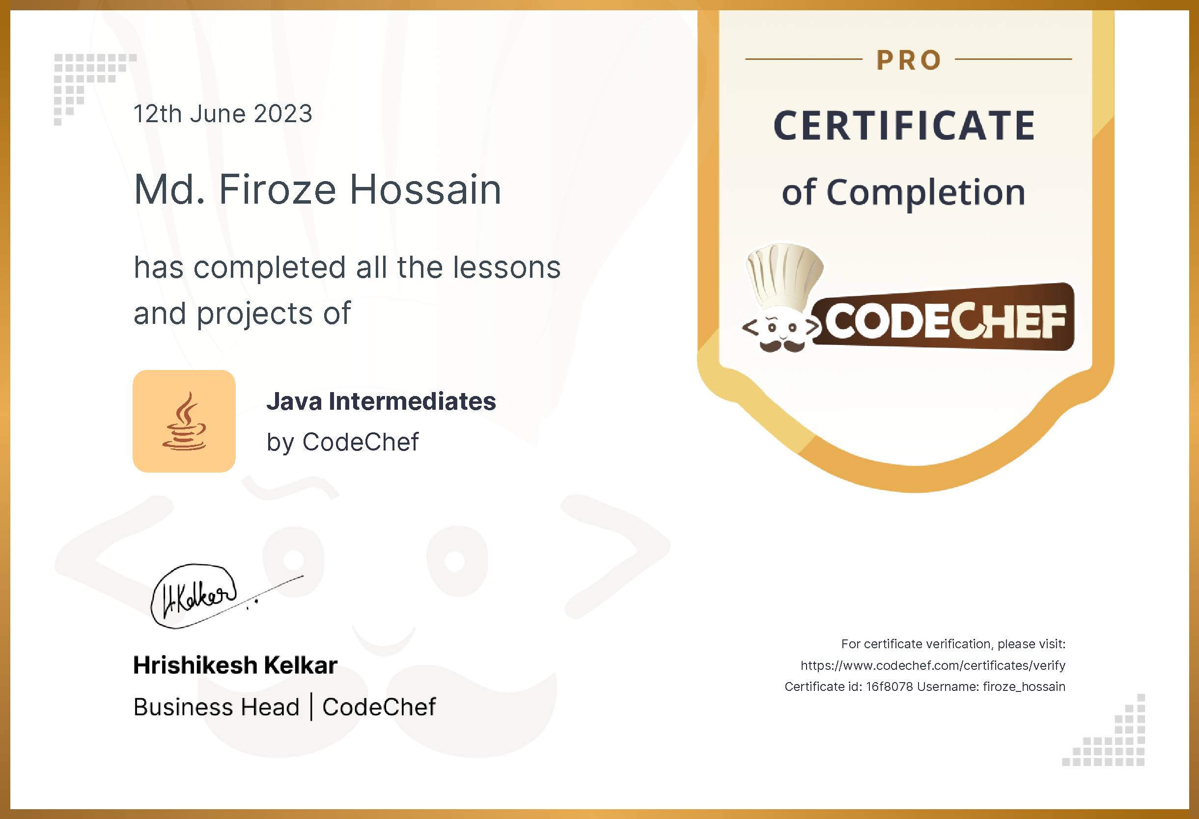 Awarded to Md. Firoze Hossain for completing <a href='/learn/course/java-beginner'>Java Intermediates - Pro</a>