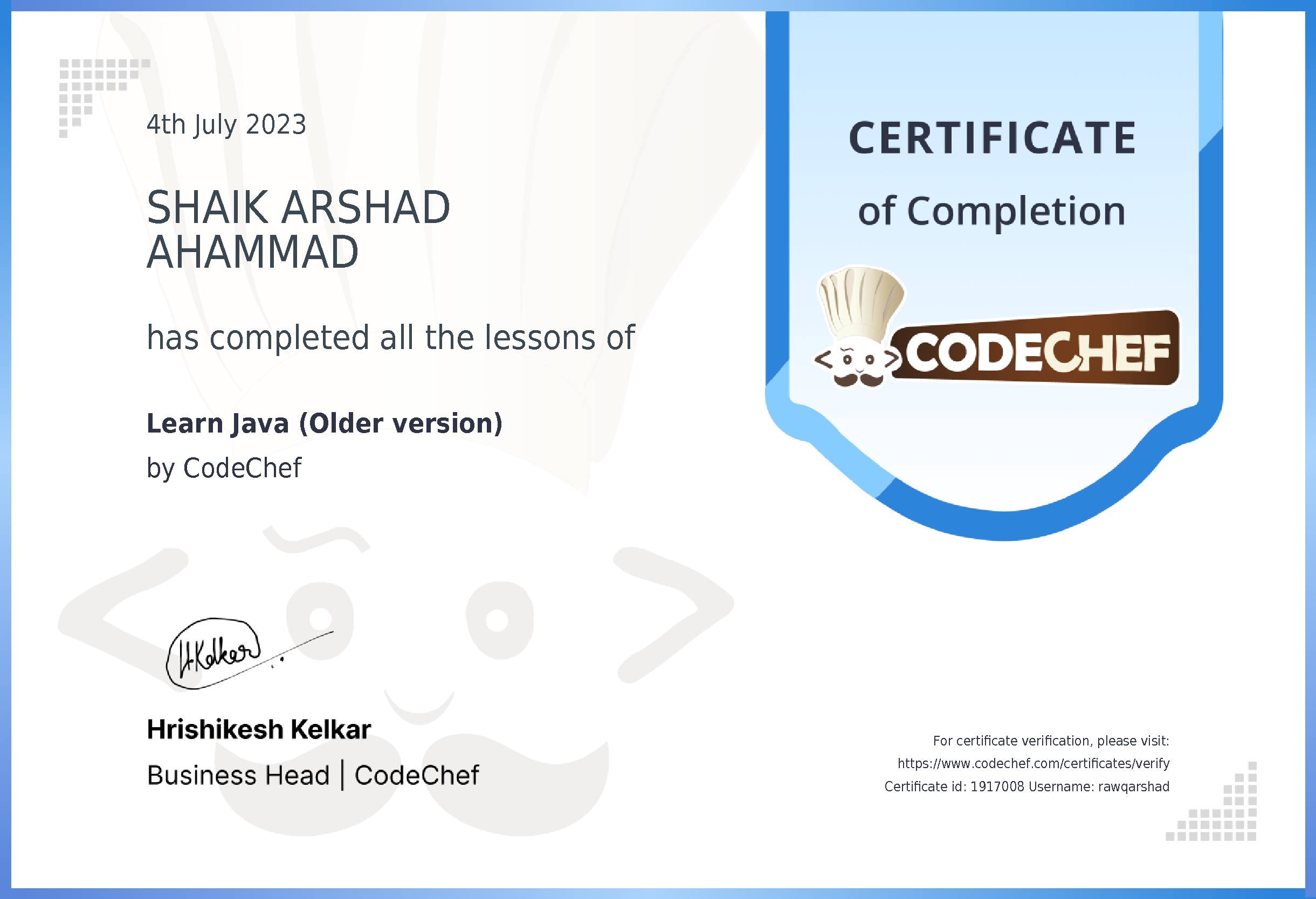 Awarded to SHAIK ARSHAD AHAMMAD for completing <a href='/learn/course/java-previous'>Learn Java</a>