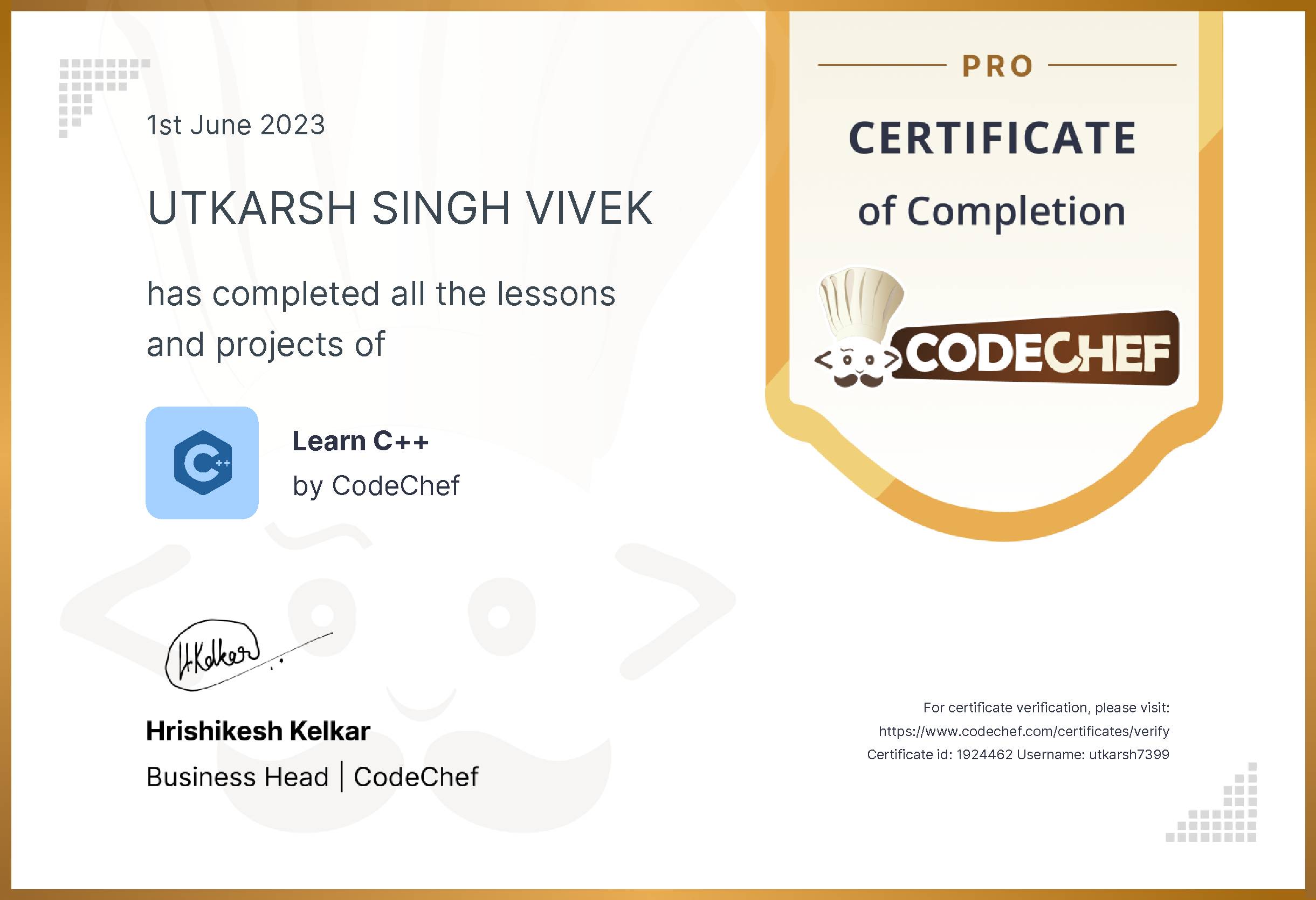 Awarded to UTKARSH SINGH VIVEK for completing <a href='/learn/course/cpp-old'>Learn C++ - Pro</a>