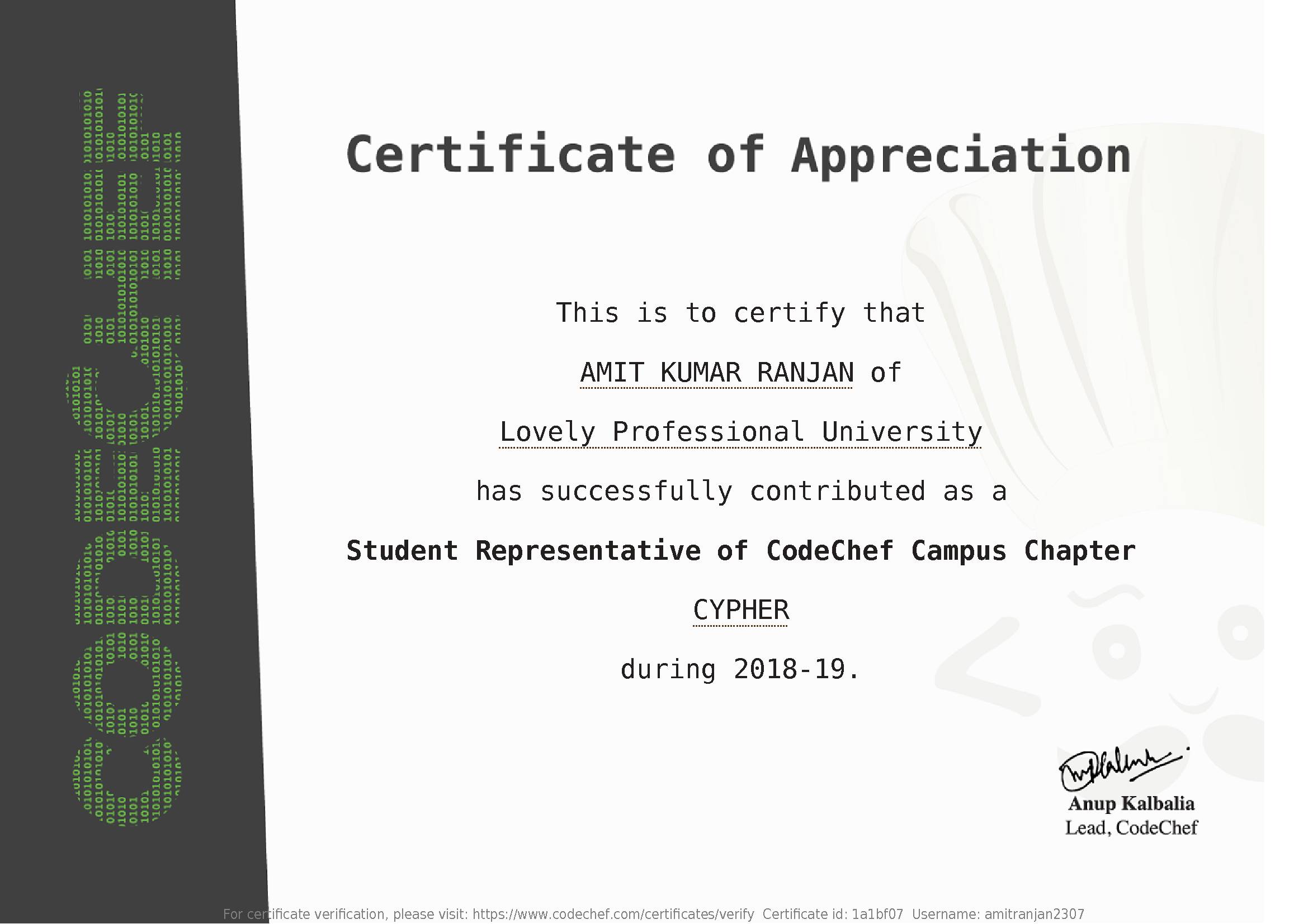 Awarded to AMIT KUMAR RANJAN