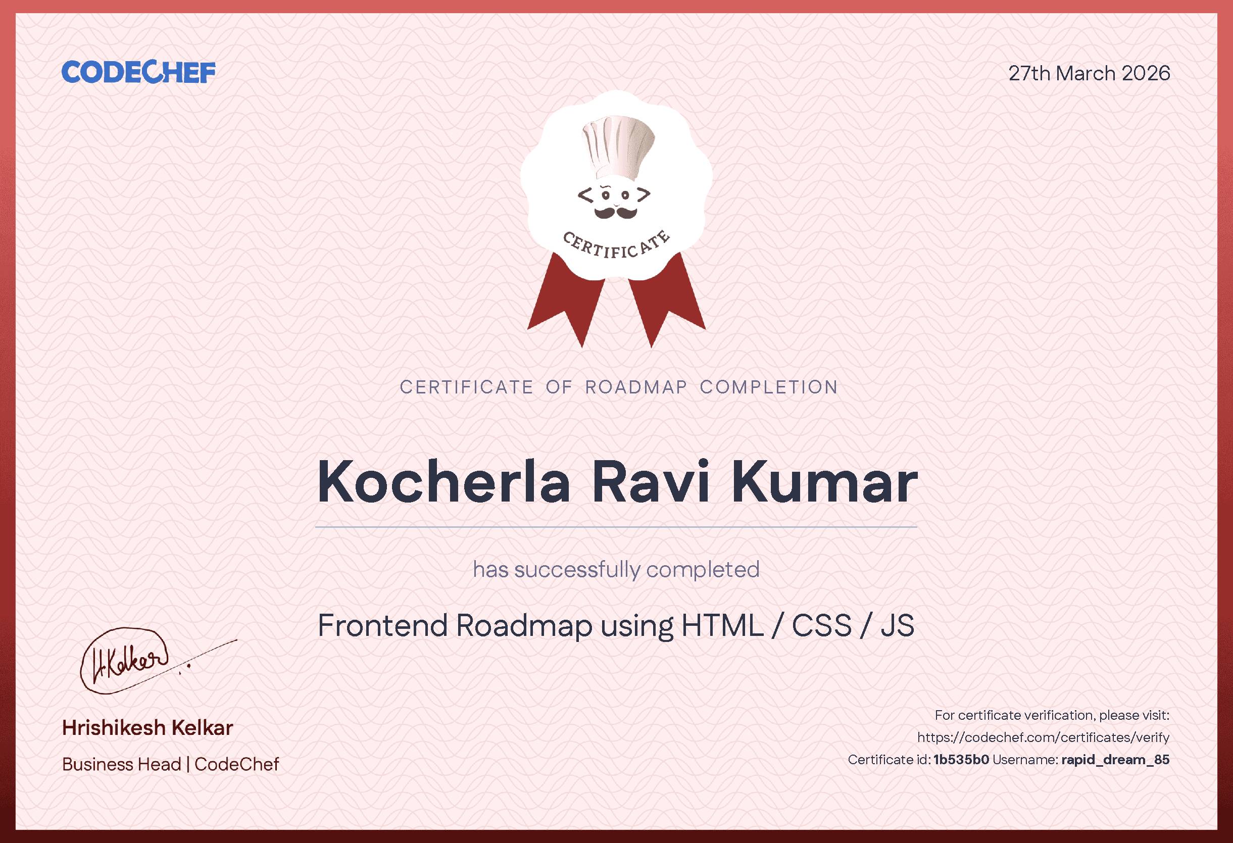 Awarded to Kocherla Ravi Kumar