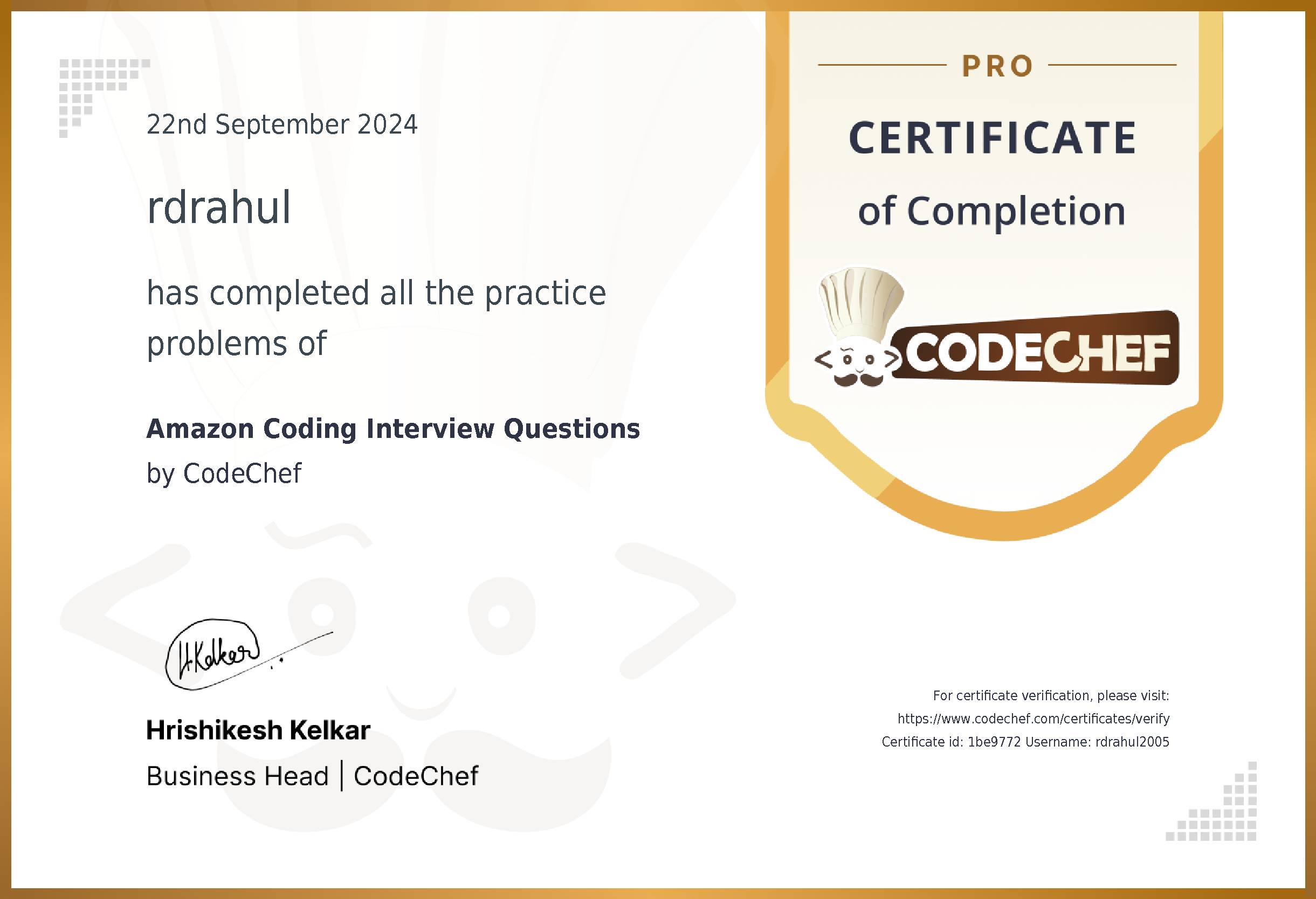 Awarded to rdrahul for completing <a href='/practice/amazon-interview-questions'>Amazon Coding Interview Questions</a>