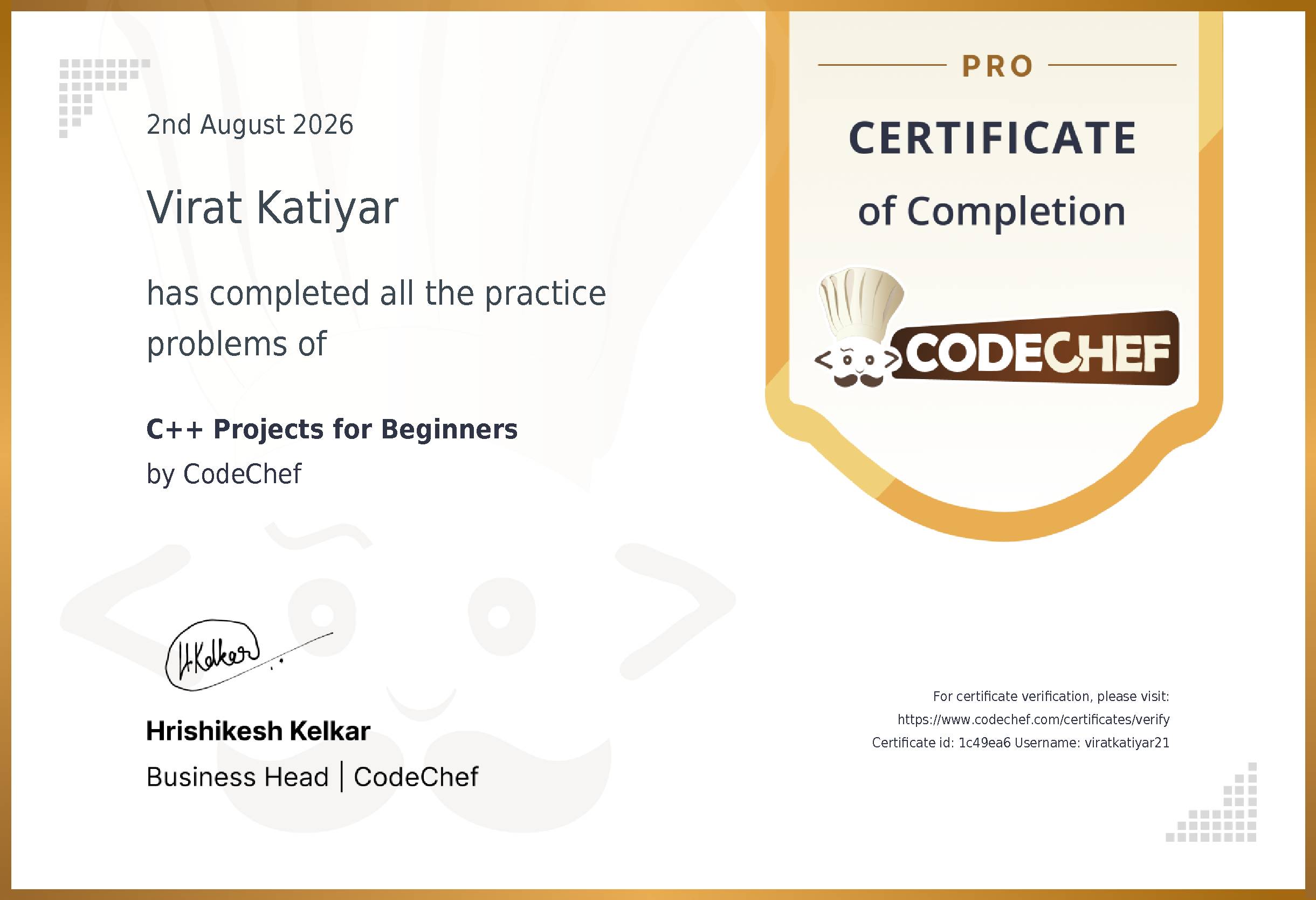 Awarded to Virat Katiyar for completing <a href='/practice/projects-cpp'>C++ Projects for Beginners</a>