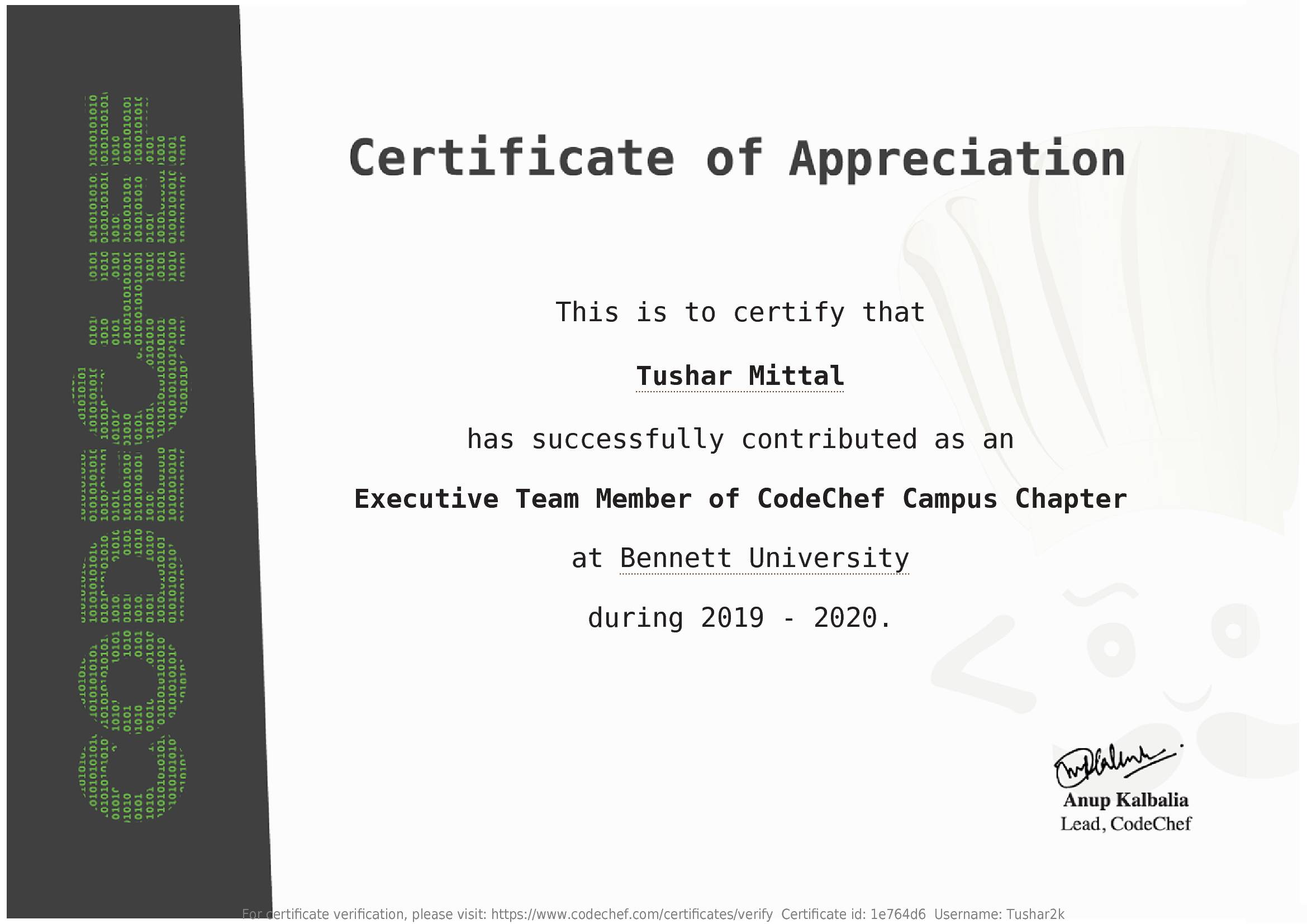 Awarded to Tushar Mittal