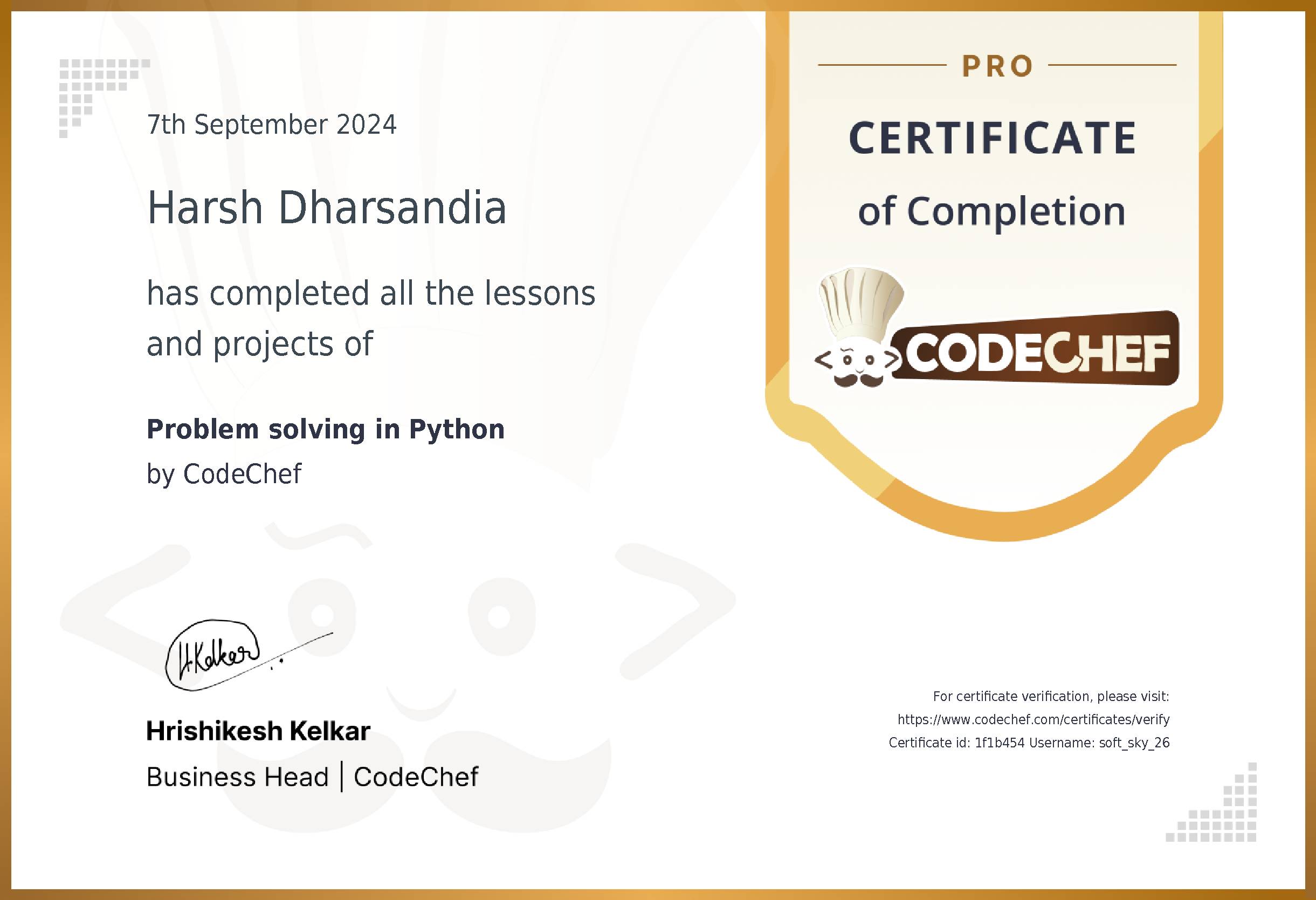 Awarded to Harsh Dharsandia for completing <a href='/learn/course/python-beginner-v2-p1'>Problem solving in Python</a>