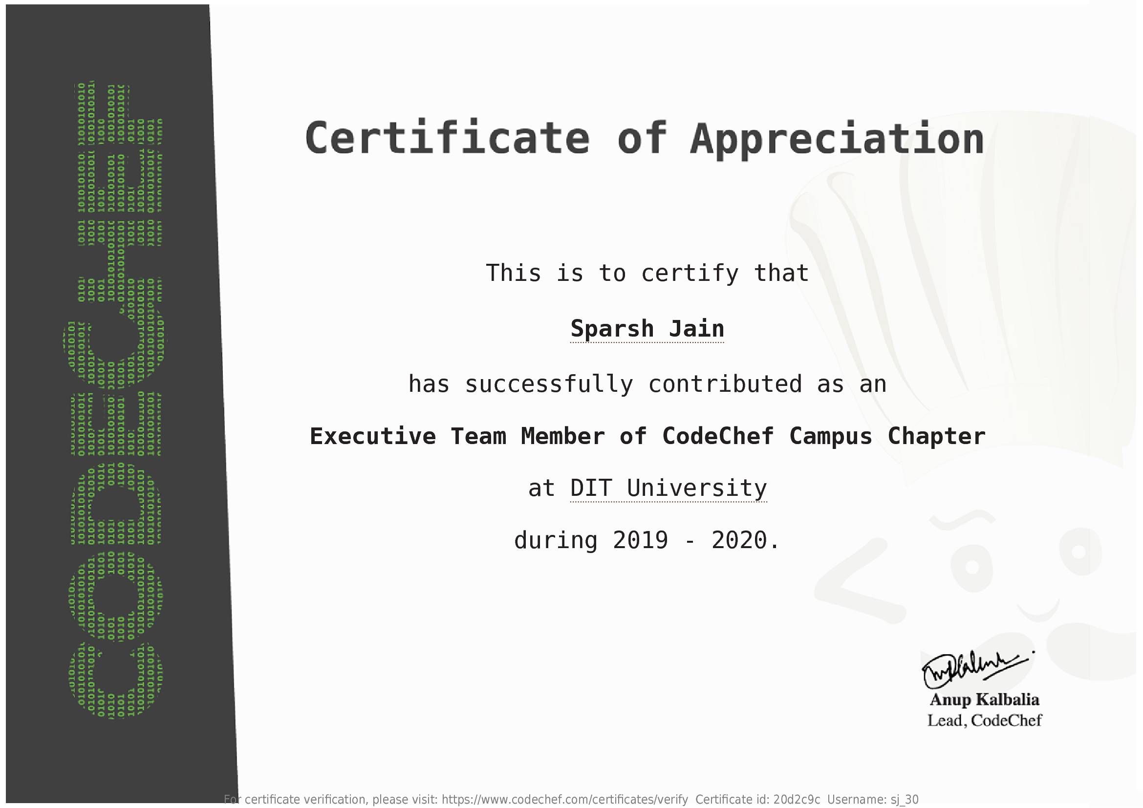 Awarded to Sparsh Jain