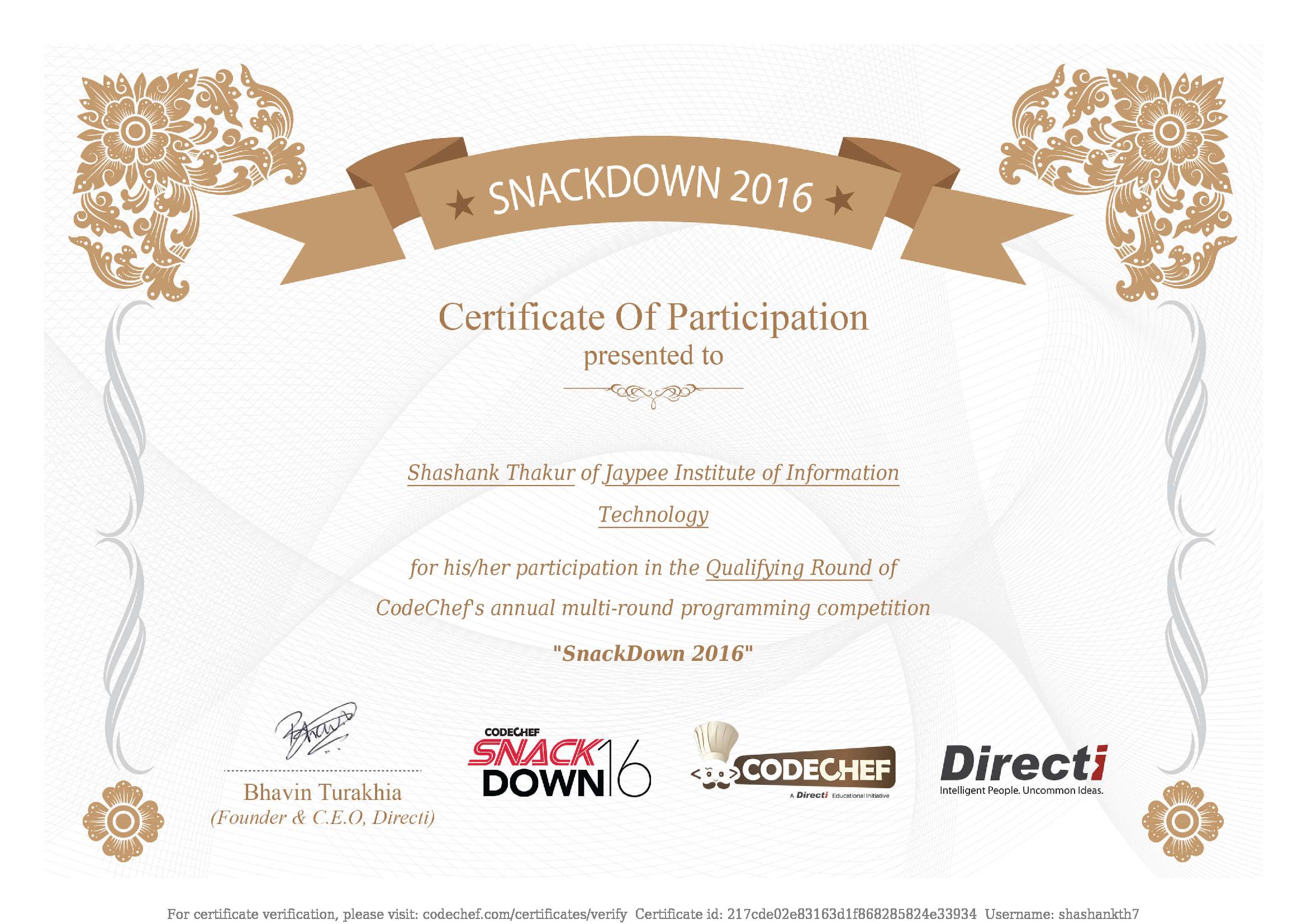 Awarded to Shashank Thakur