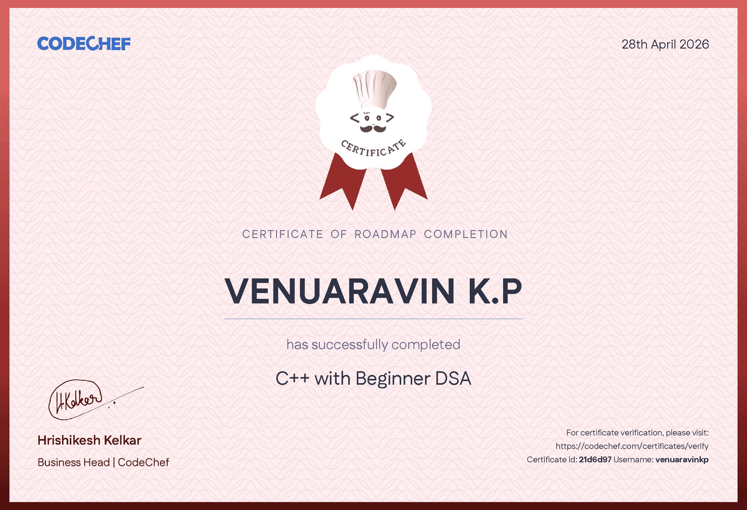 Awarded to VENUARAVIN K.P 