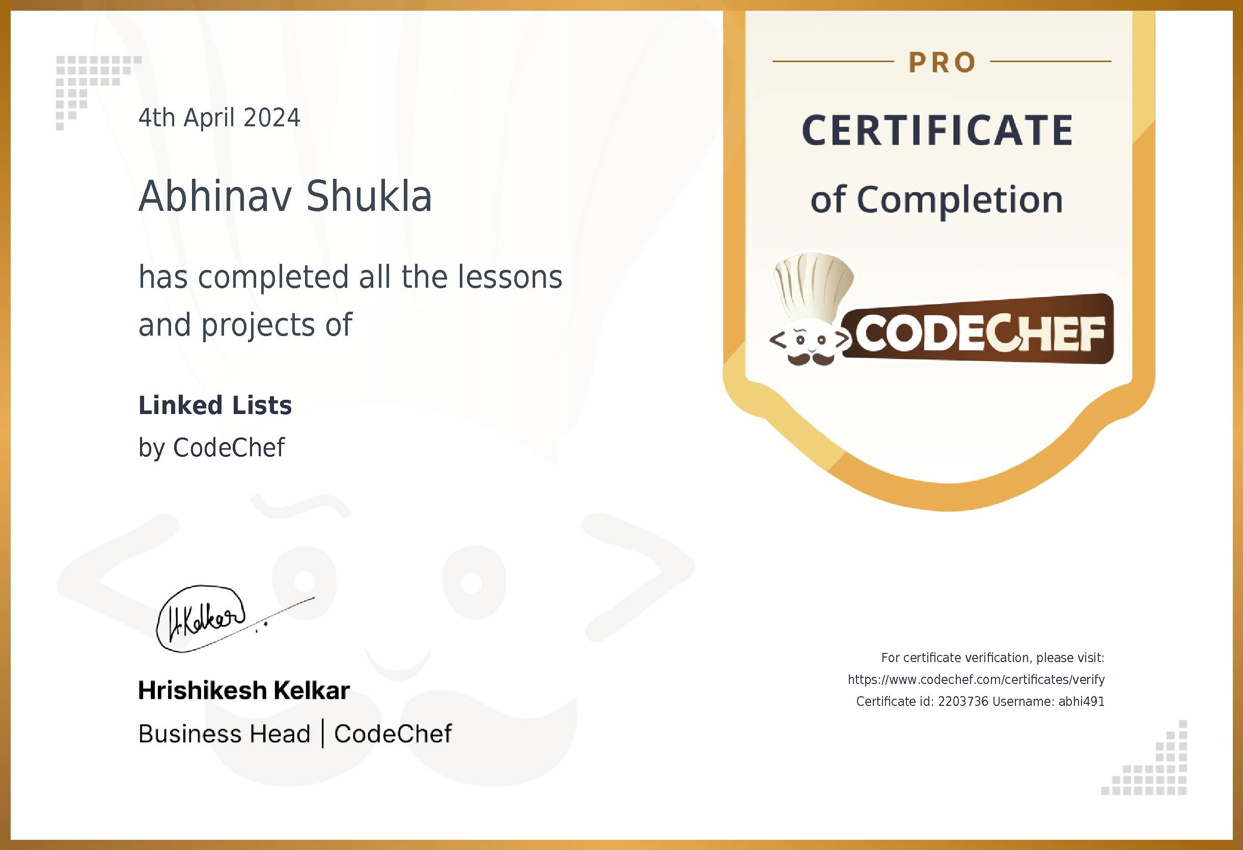 Awarded to Abhinav Shukla for completing <a href='/learn/course/linked-lists'>Linked Lists</a>