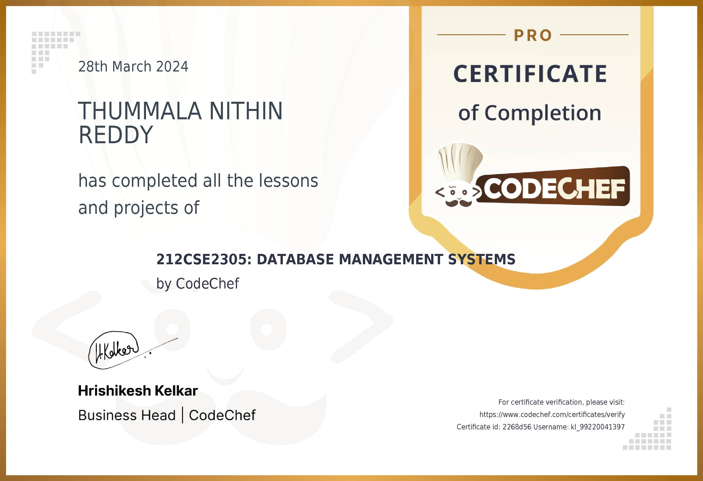 Awarded to THUMMALA NITHIN REDDY for completing <a href='/learn/course/kl-dbms-cs'>212CSE2305: DATABASE MANAGEMENT SYSTEMS</a>