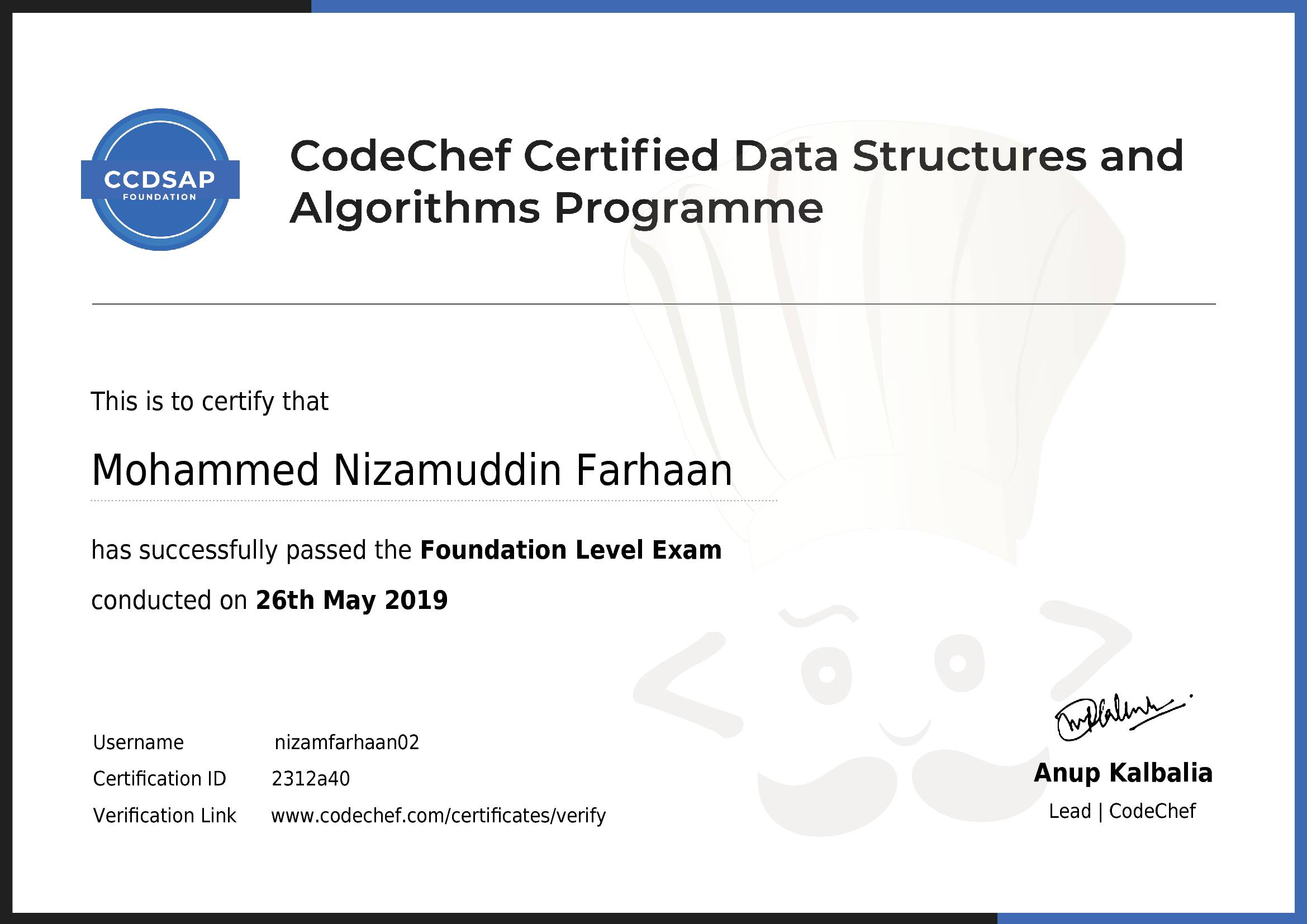 Awarded to Mohammed Nizamuddin Farhaan