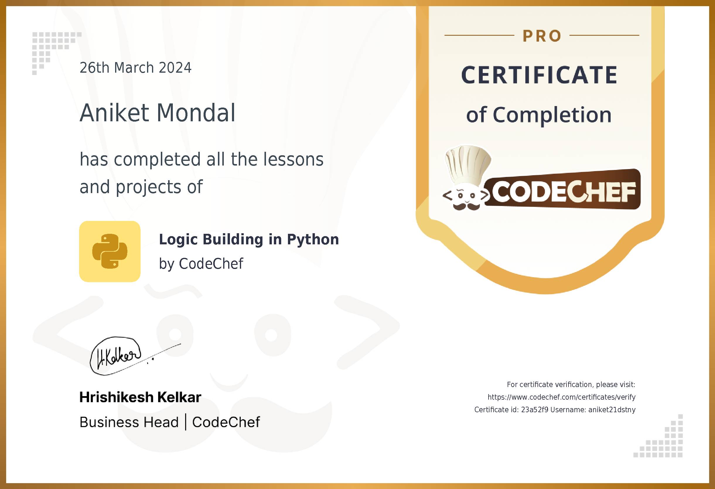 Awarded to Aniket Mondal 