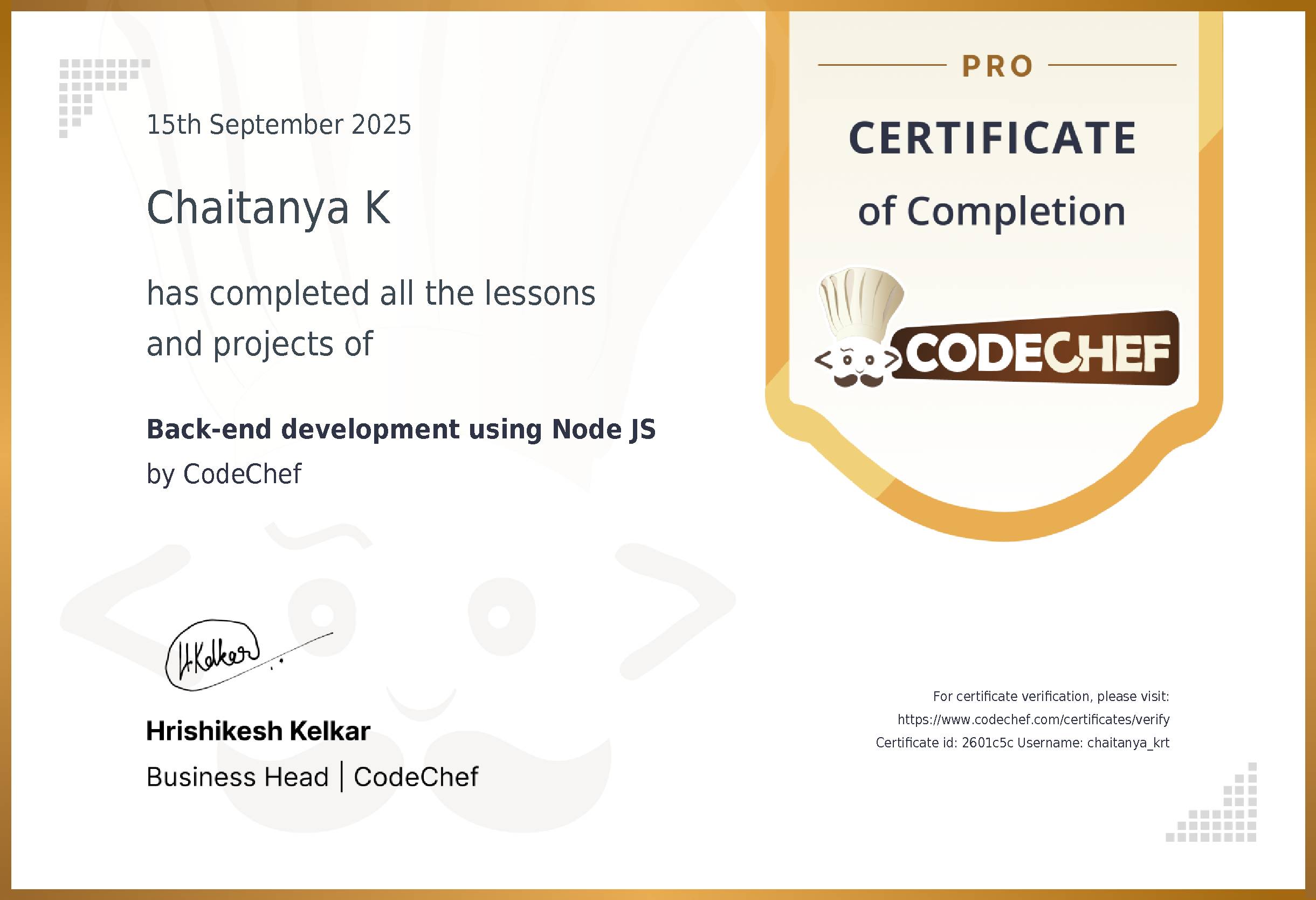 Awarded to Chaitanya K for completing <a href='/learn/course/nodejs'>Back-end development using Node JS</a>