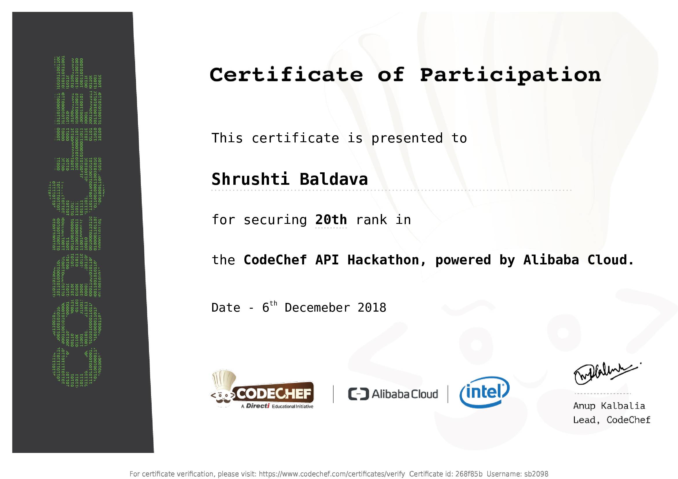 Awarded to Shrushti Baldava