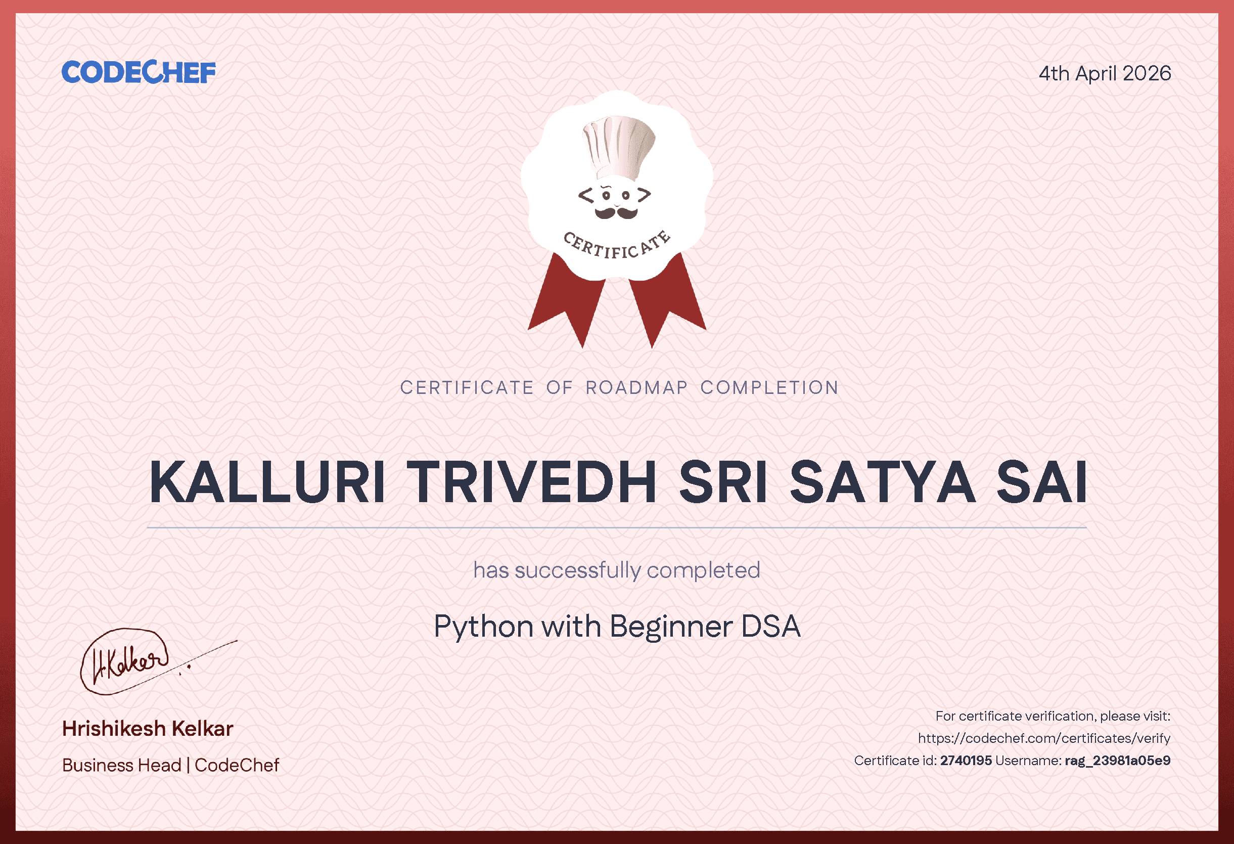 Awarded to KALLURI TRIVEDH SRI SATYA SAI