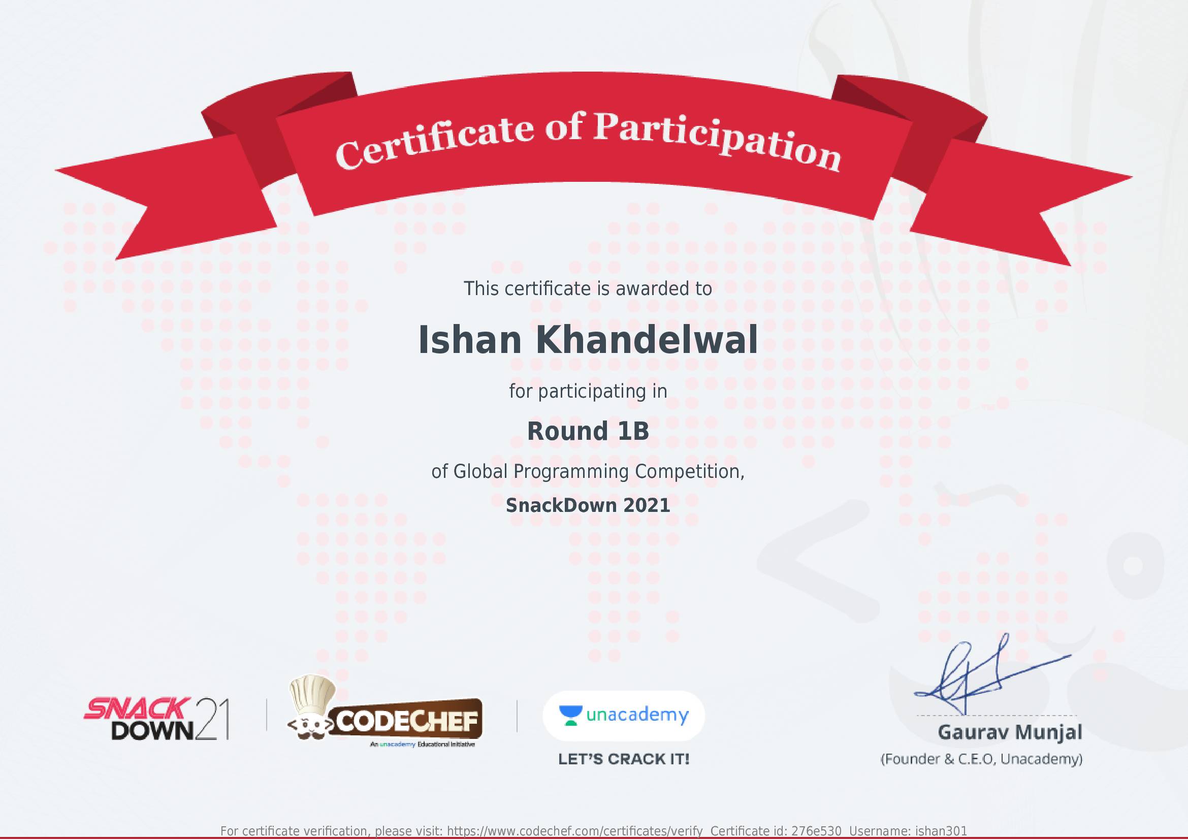Awarded to Ishan Khandelwal