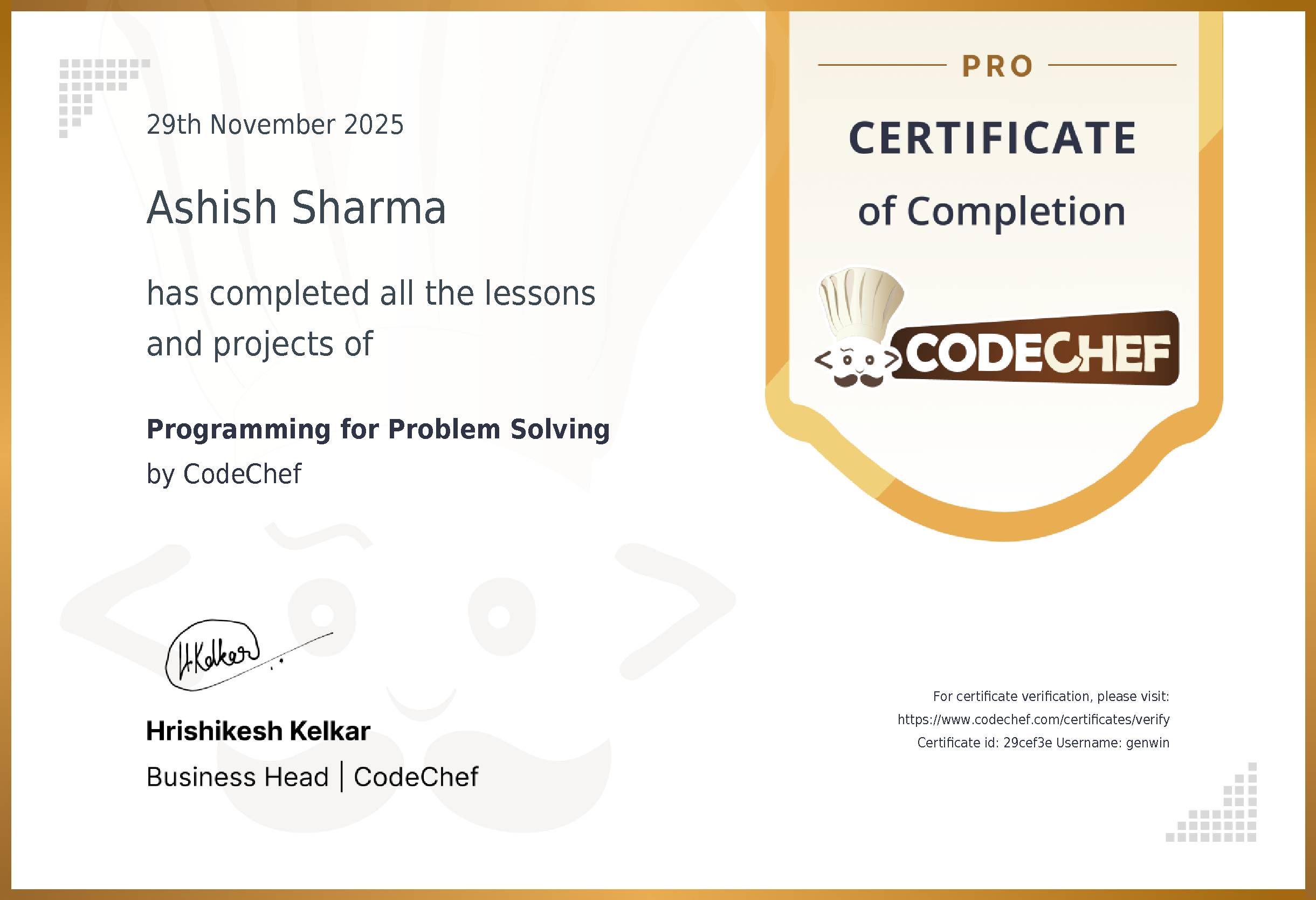 Awarded to Ashish Sharma for completing <a href='/learn/course/abesit-c-2025-s1'>Programming for Problem Solving</a>