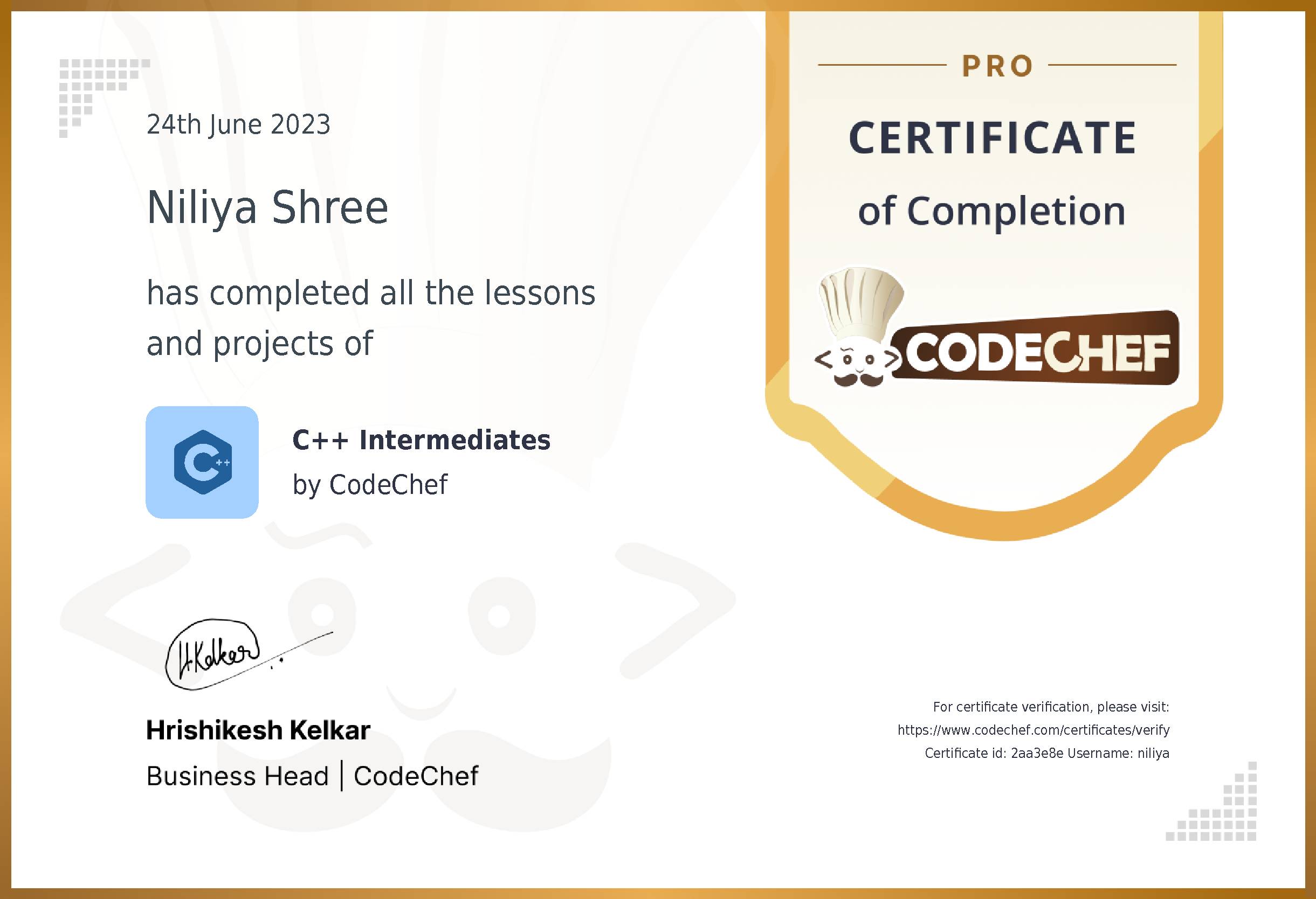 Awarded to Niliya Shree for completing <a href='/learn/course/cpp-beginner'>C++ Intermediates - Pro</a>