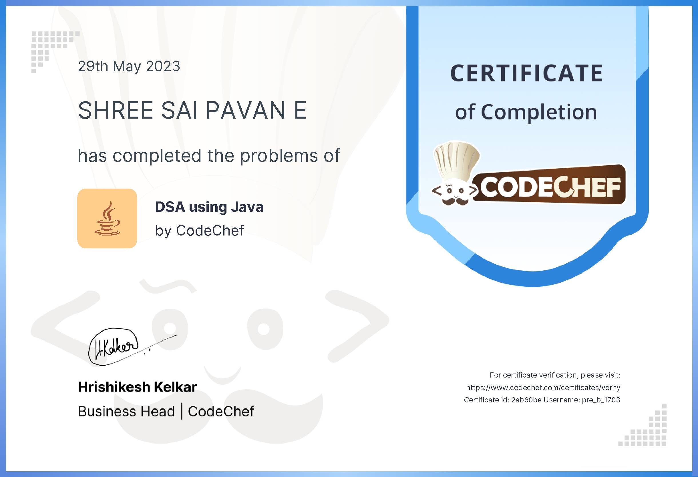 Awarded to SHREE SAI PAVAN E